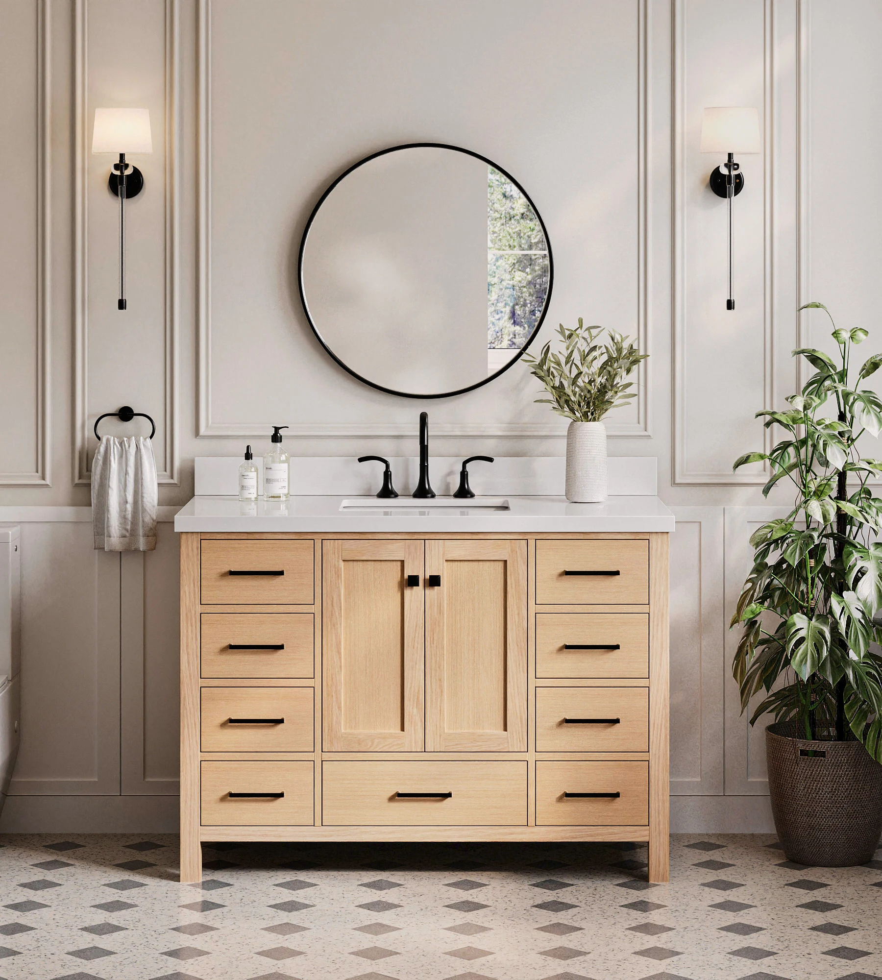 ARIEL Cambridge 49 Inch Single Rectangle Sink Bathroom Vanity With Pure White Quartz Countertop 1.5 Inch Edge In Oak
