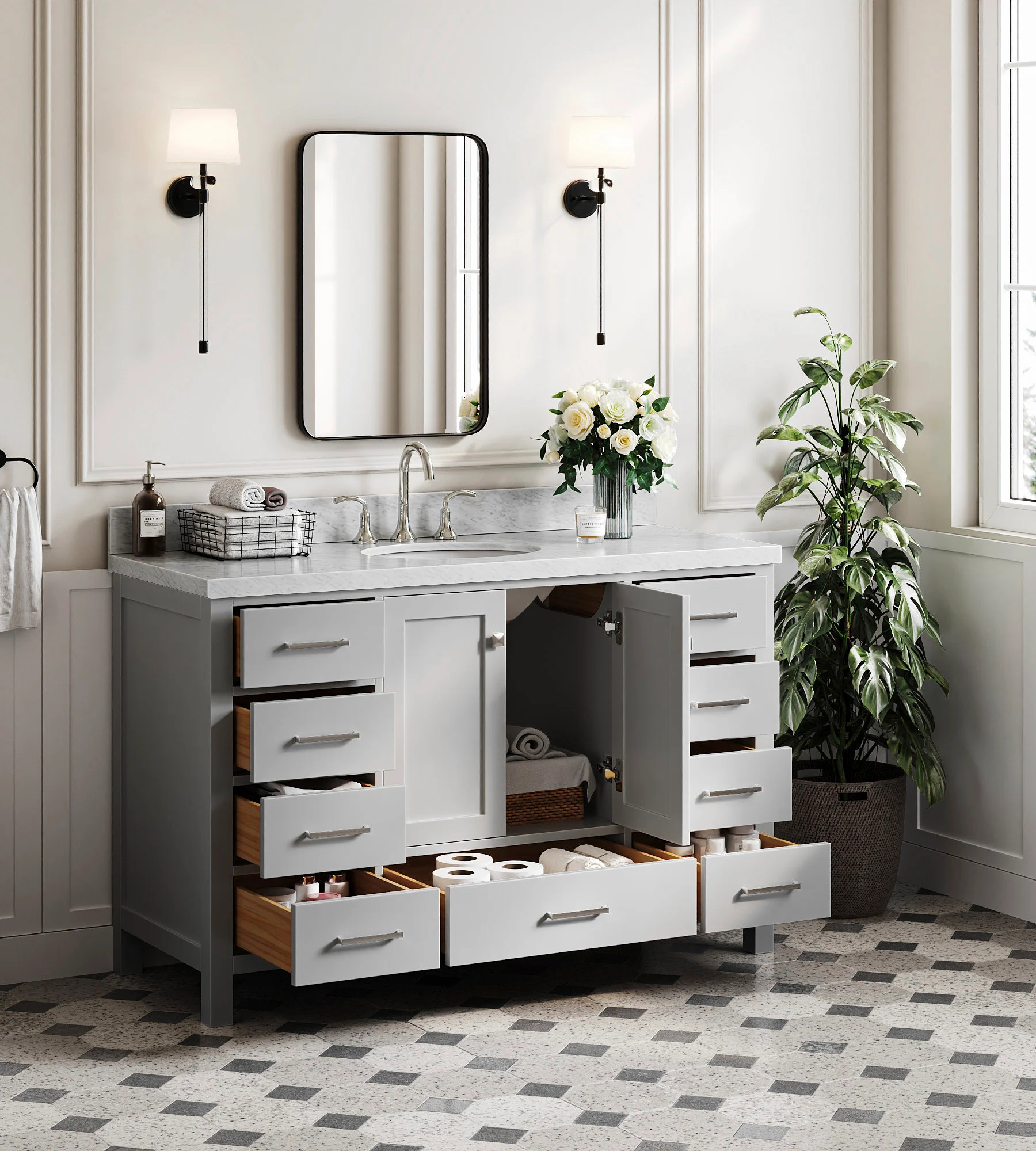 ARIEL Cambridge 54 In. Single Sink Base Cabinet In Grey