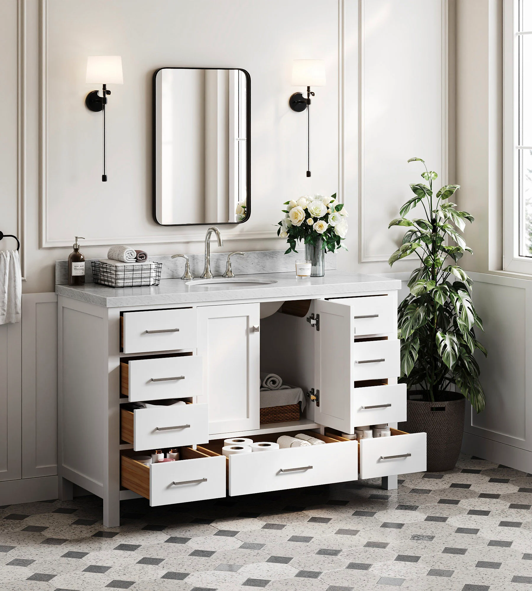 Ariel Cambridge 54 In. Single Sink Base Cabinet In White