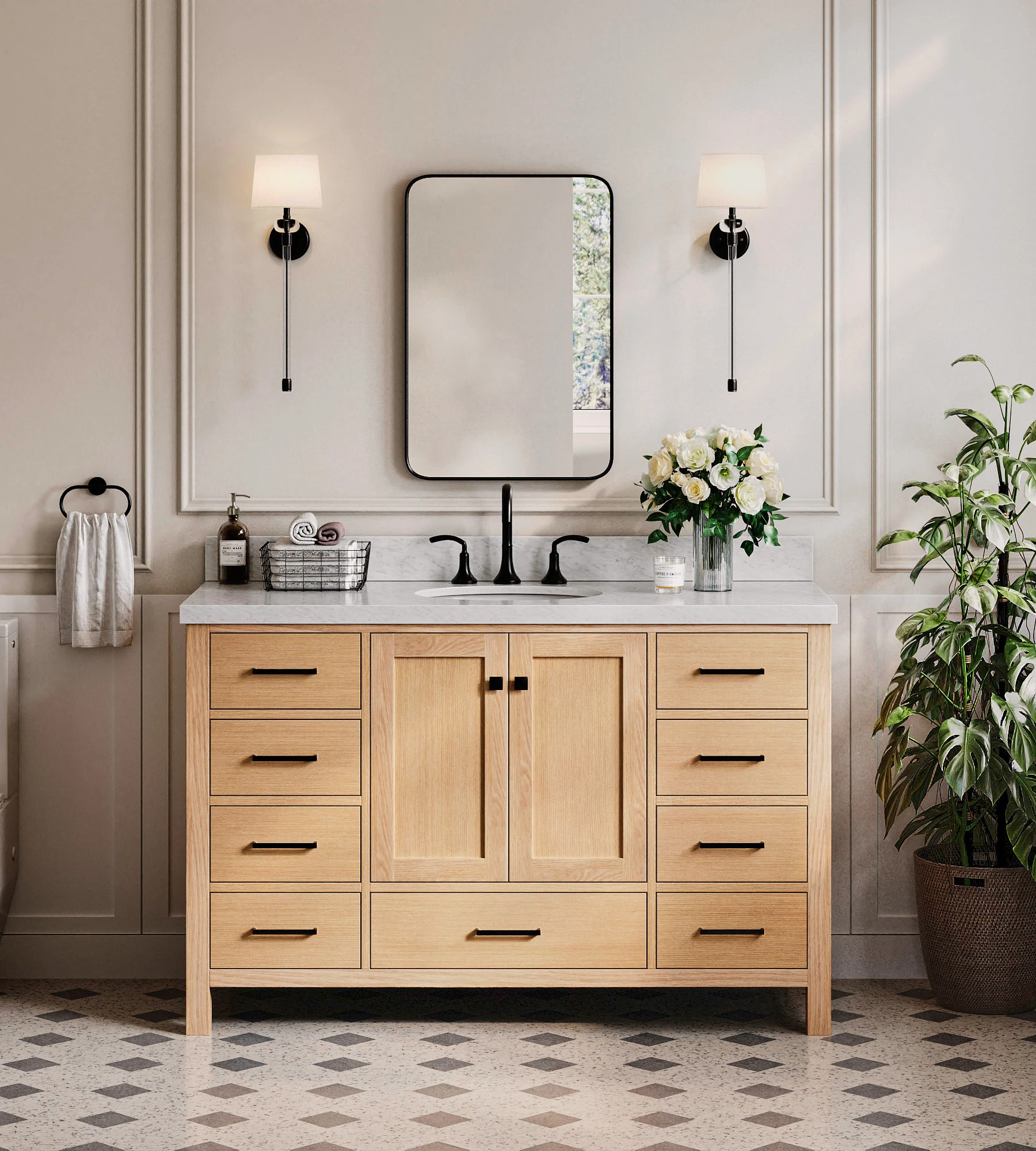 ARIEL Cambridge 55 Inch Single Oval Sink Bathroom Vanity With Italian Carrara Marble Countertop 1.5 Inch Edge In Oak