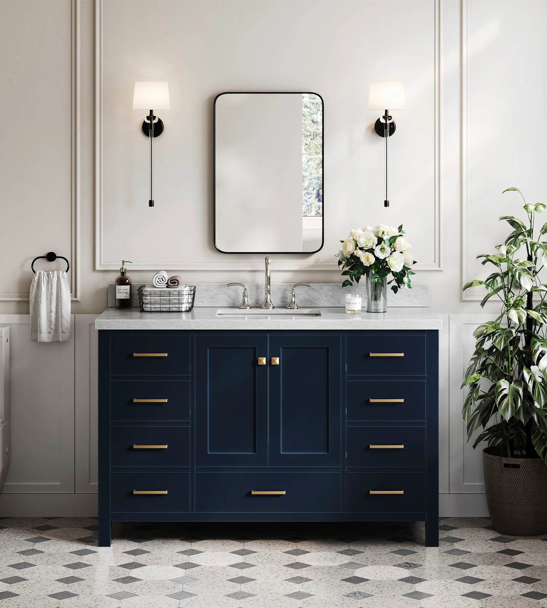 ARIEL Cambridge 55 In. Single Rectangle Sink Bathroom Vanity With Italian Carrara White Marble 1.5 In Edge In Midnight Blue