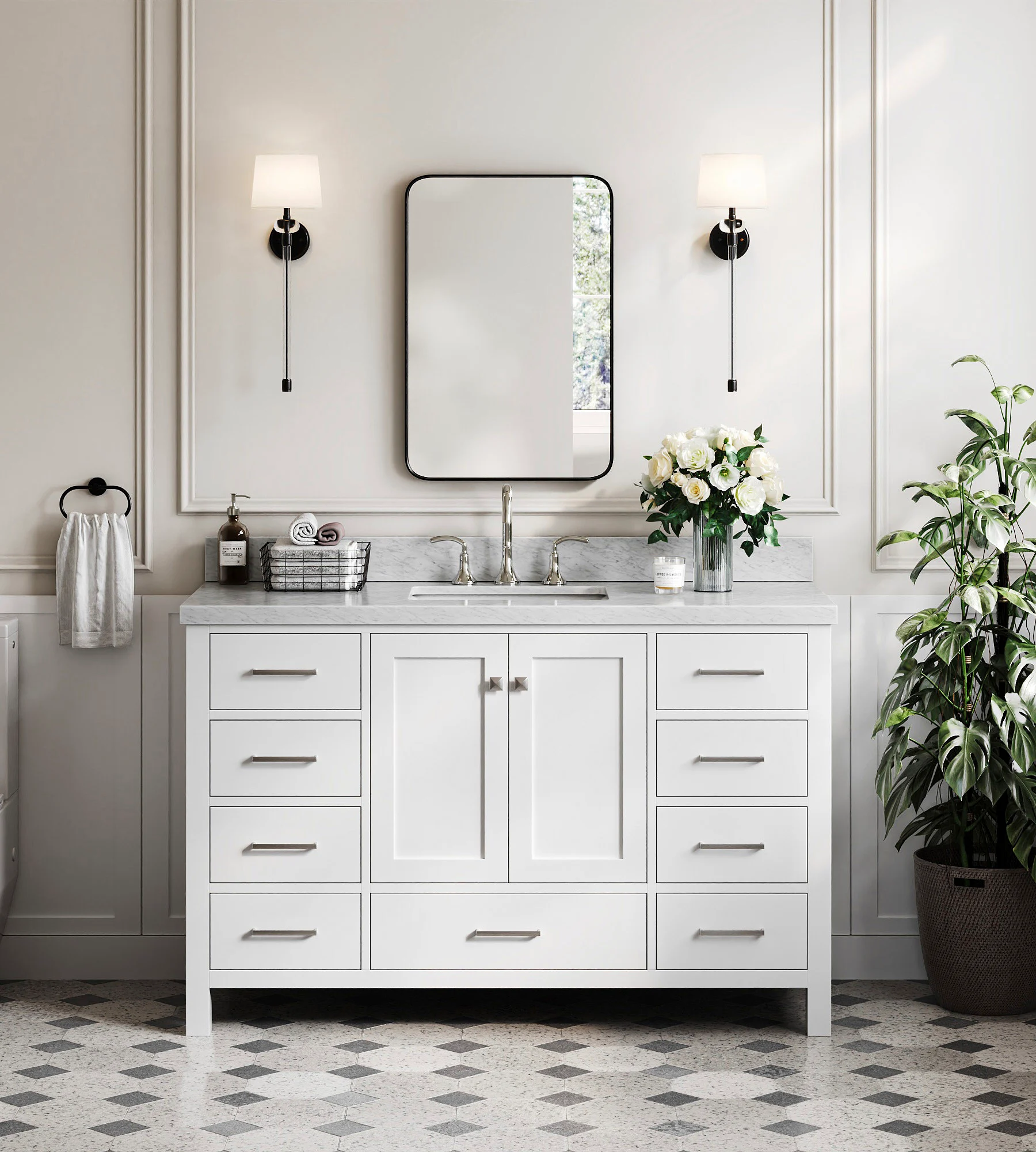 ARIEL Cambridge 55 In. Single Rectangle Sink Bathroom Vanity With Italian Carrara White Marble 1.5 In Edge In White