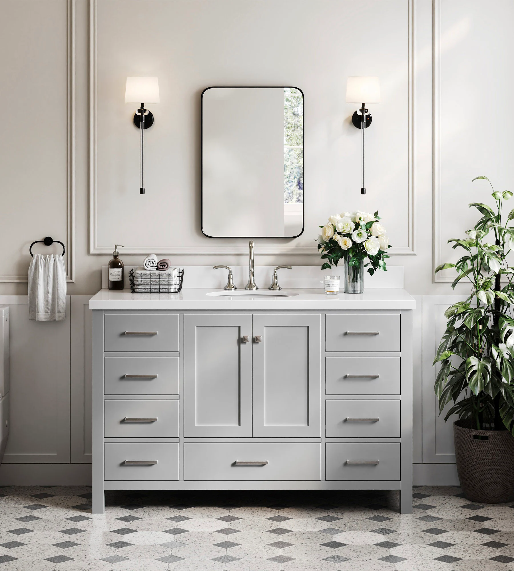 ARIEL Cambridge 55 In. Oval Sink Vanity With White Quartz Countertop In Grey