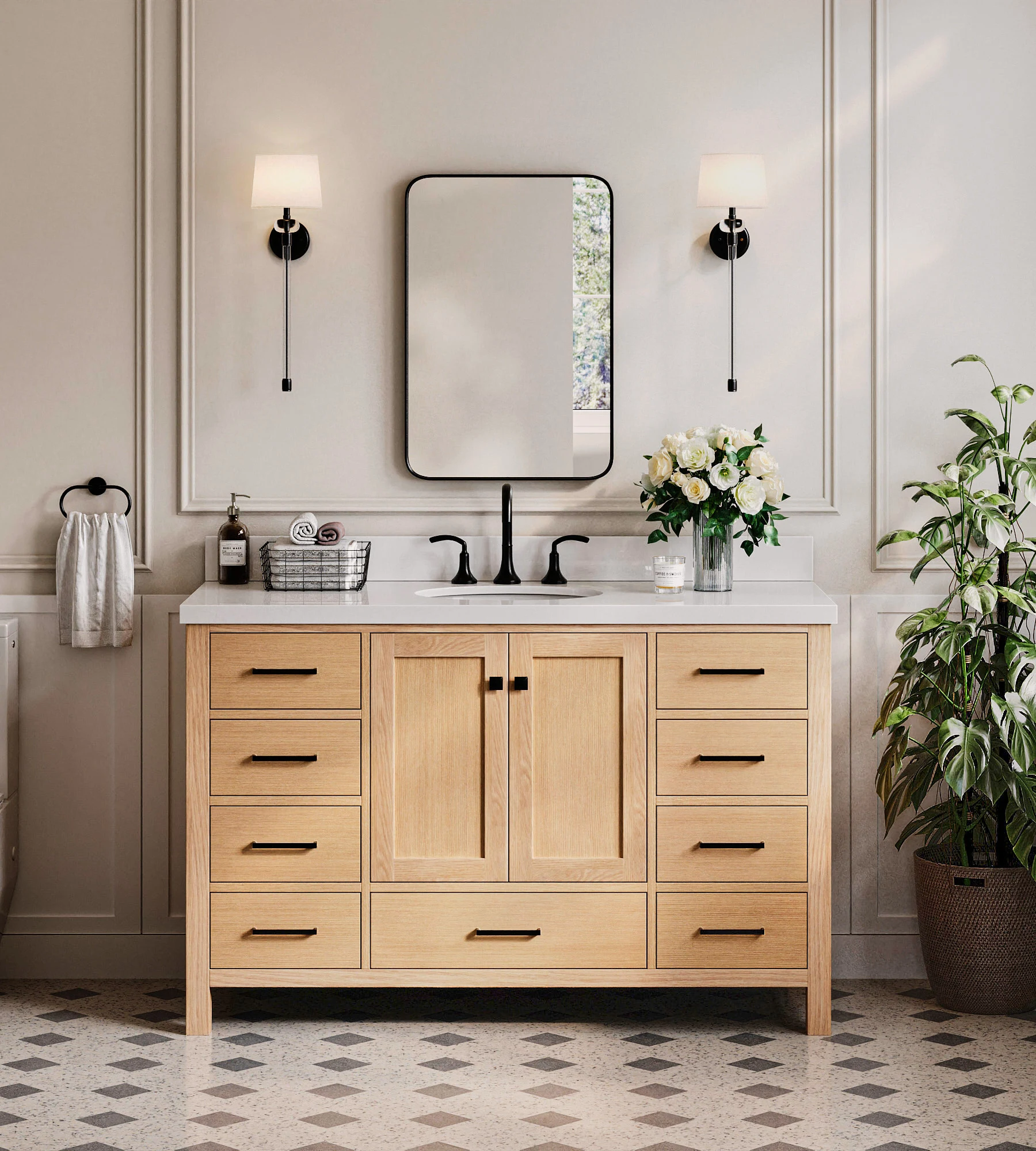ARIEL Cambridge 55 Inch Single Oval Sink Bathroom Vanity With Pure White Quartz Countertop 1.5 Inch Edge In Oak