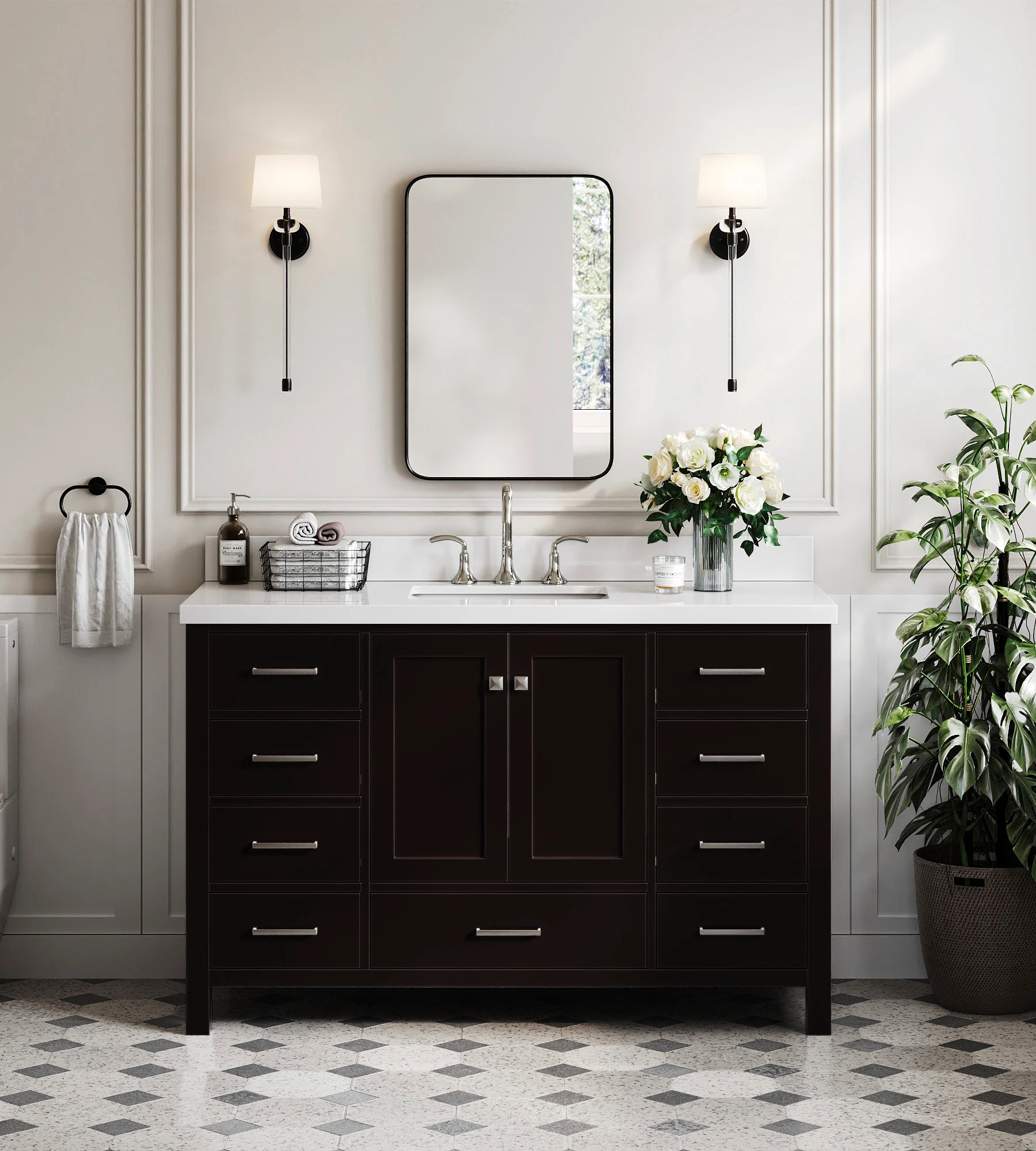ARIEL Cambridge 55 In. Rectangle Sink Vanity With White Quartz Countertop In Espresso