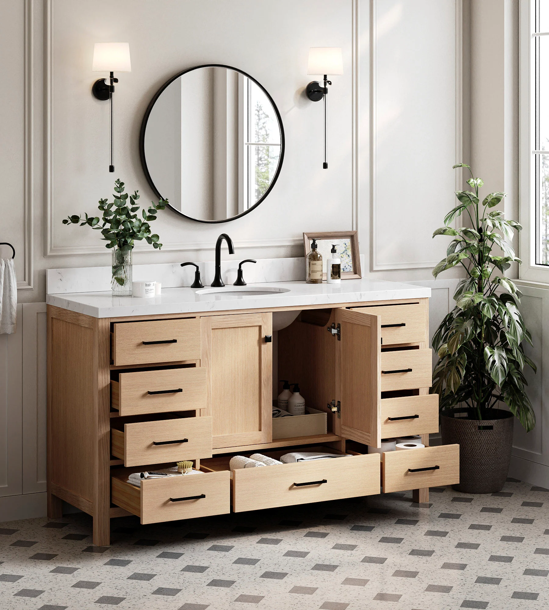 ARIEL Cambridge 60 Inch Single Sink Base Cabinet In Oak