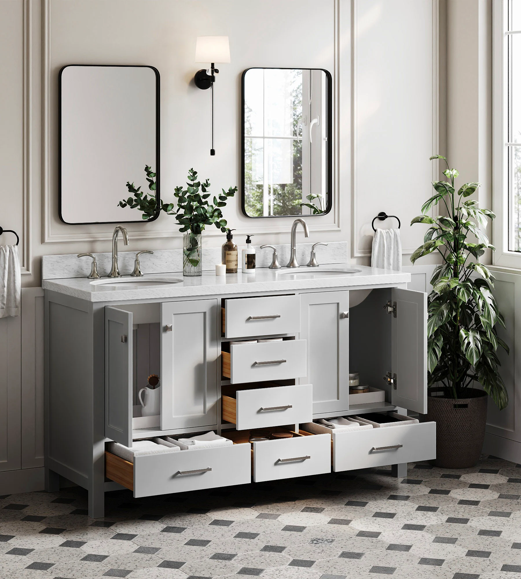 ARIEL Cambridge 60 In. Double Sink Base Cabinet In Grey