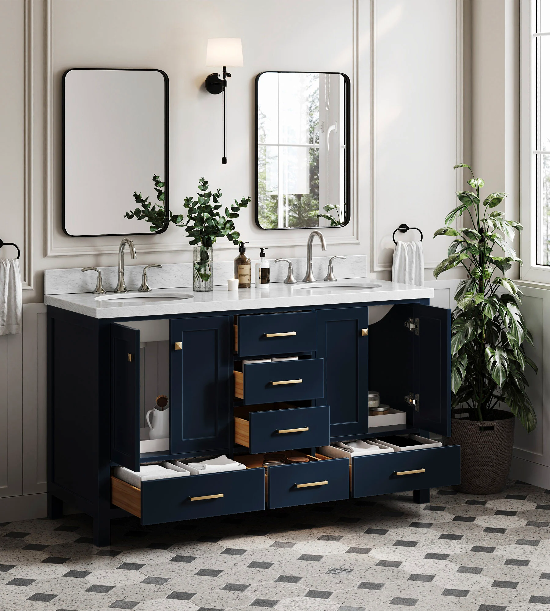 ARIEL Cambridge 60 In. Double Sink Base Cabinet In Midnight Blue