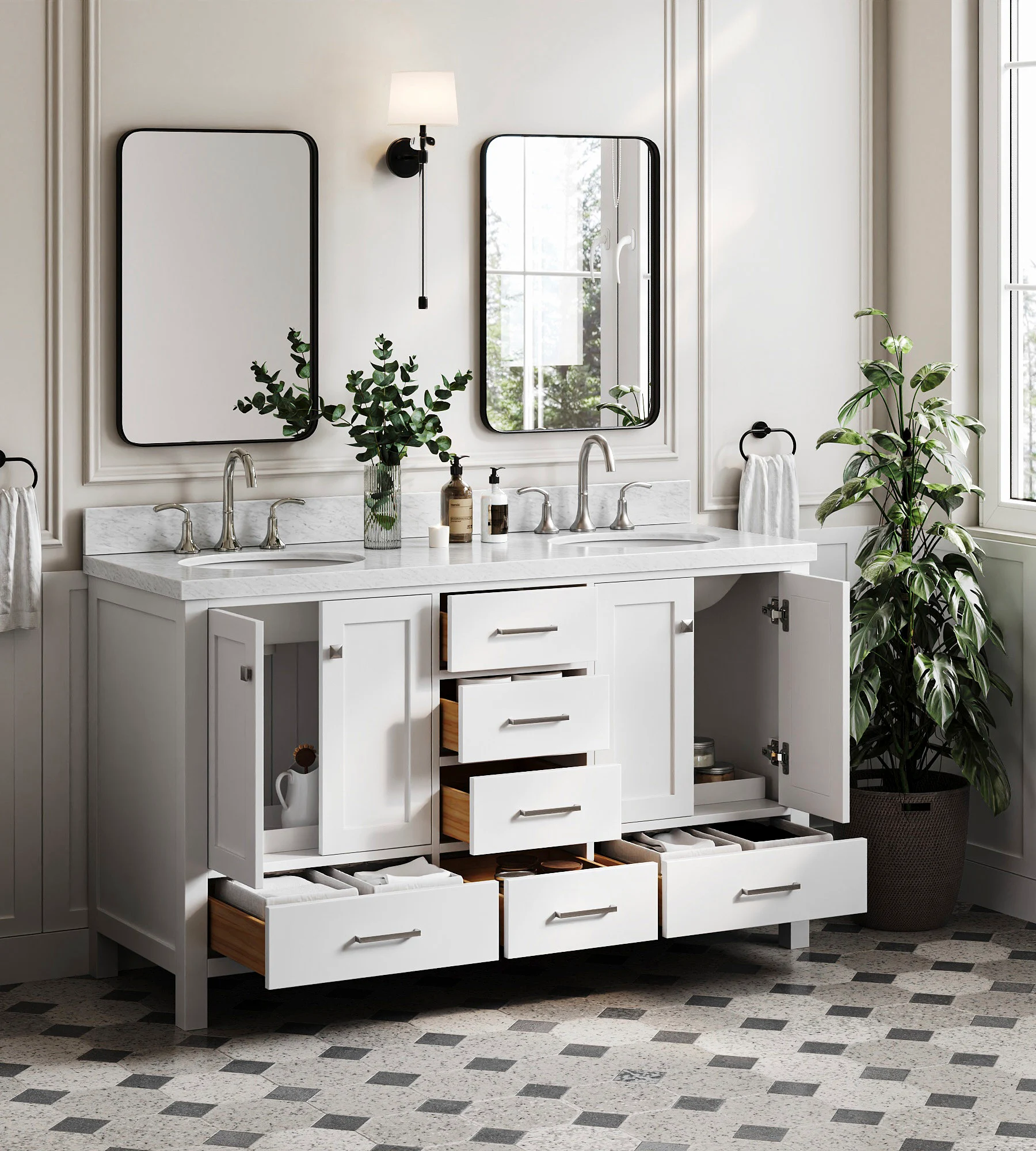 ARIEL Cambridge 60 In. Double Sink Base Cabinet In White