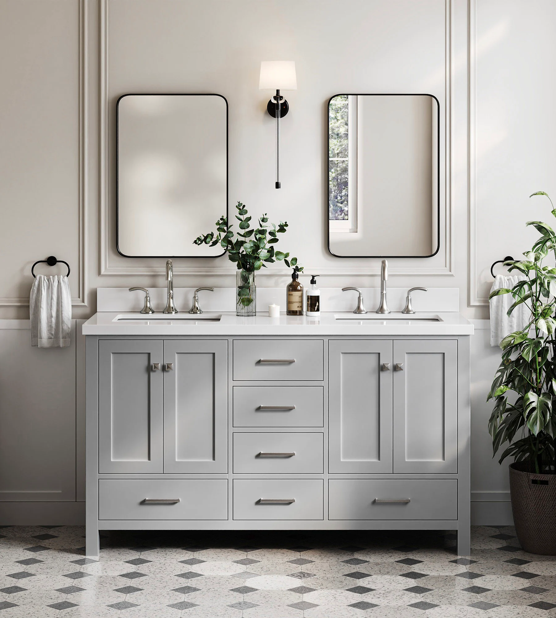 ARIEL Cambridge 61 In. Double Rectangle Sink Vanity With White Quartz Countertop In Grey