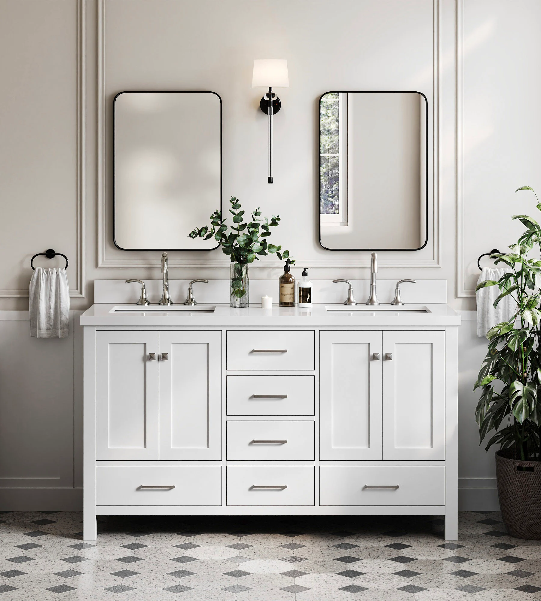 ARIEL Cambridge 61 In. Double Rectangle Sink Vanity With White Quartz Countertop In White