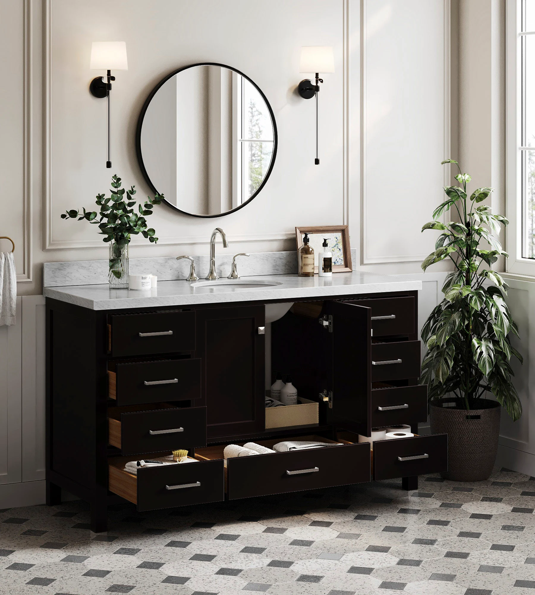 ARIEL Cambridge 60 In. Single Sink Base Cabinet In Espresso