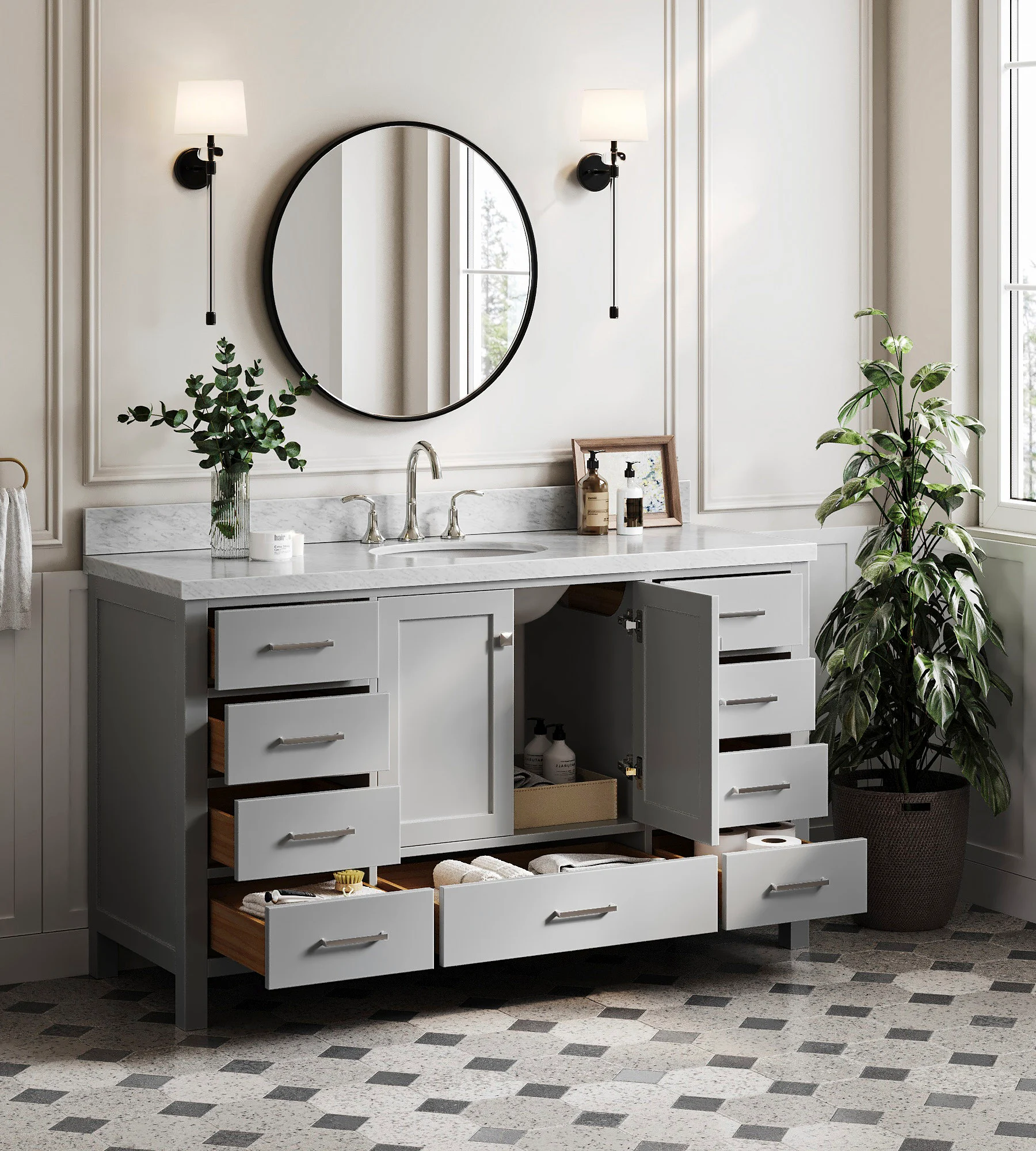 Ariel Cambridge 60 In. Single Sink Base Cabinet In Grey