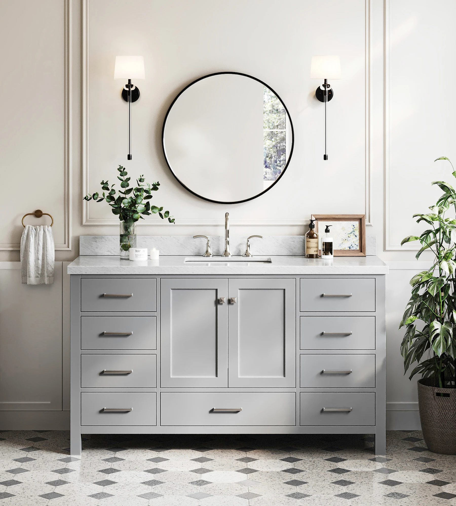 ARIEL Cambridge 61 In. Single Rectangle Sink Bathroom Vanity With Italian Carrara White Marble 1.5 In Edge In Grey