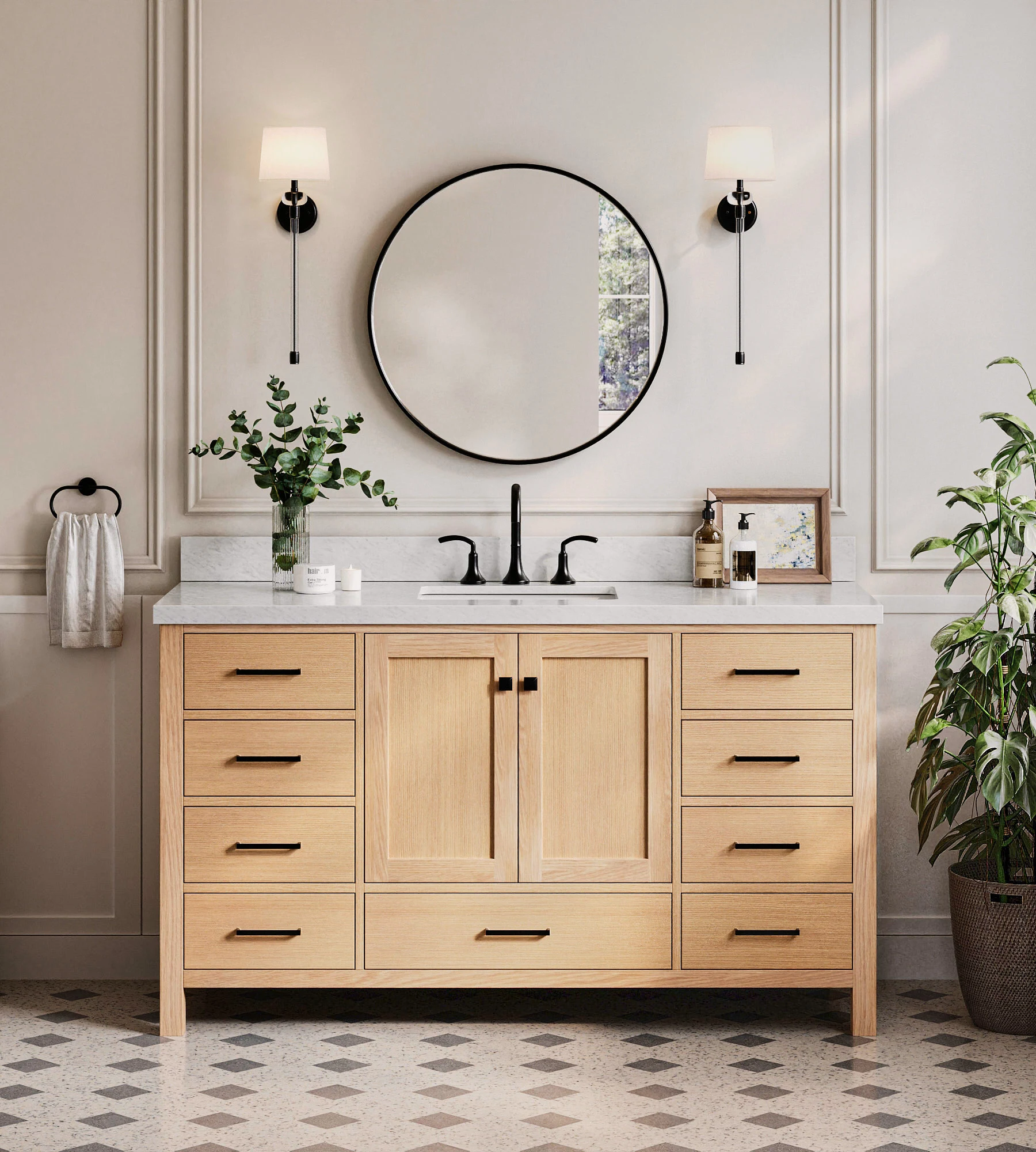 ARIEL Cambridge 61 Inch Single Rectangle Sink Bathroom Vanity With Italian Carrara Marble Countertop 1.5 Inch Edge In Oak