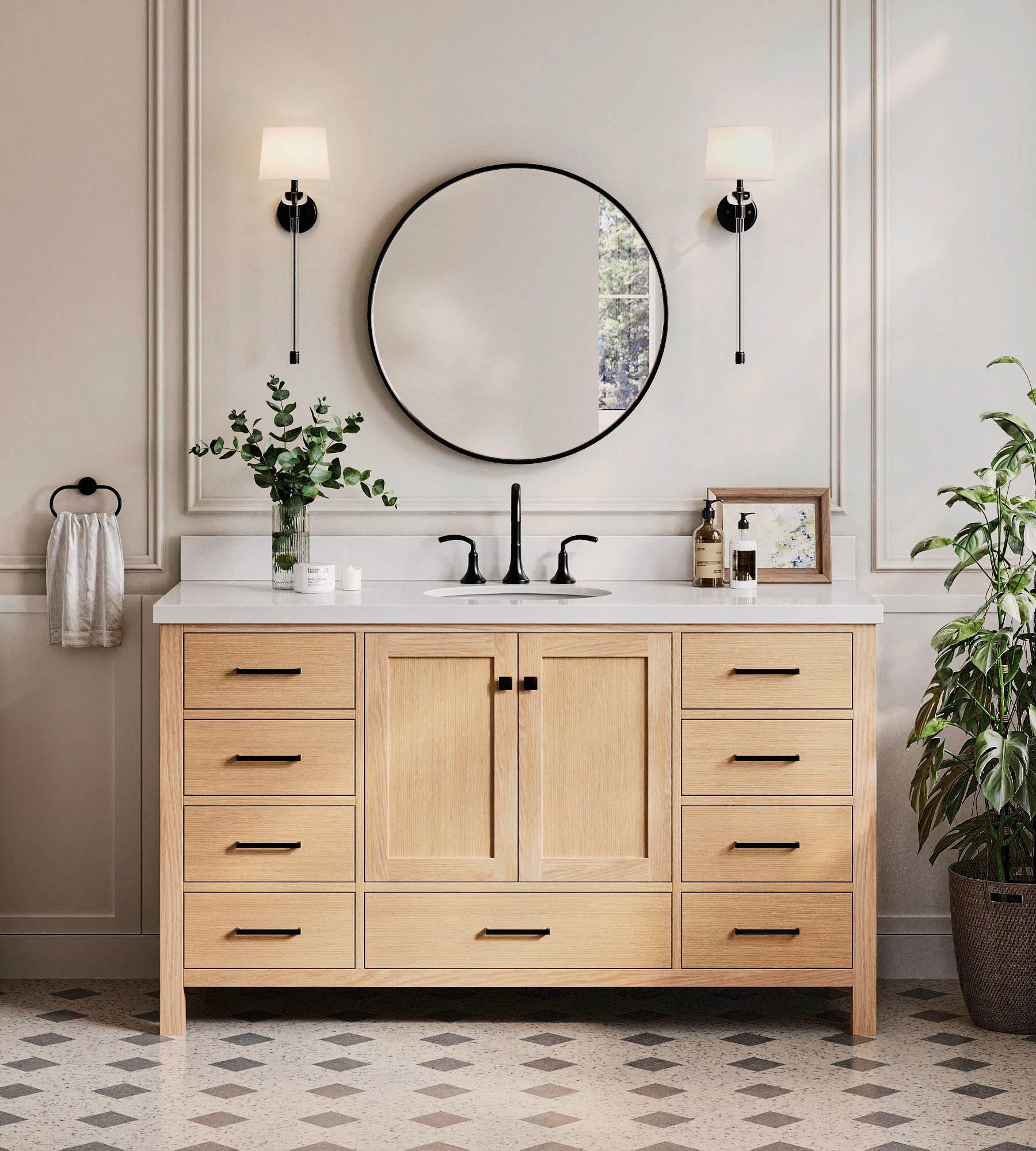 ARIEL Cambridge 61 Inch Single Oval Sink Bathroom Vanity With Pure White Quartz Countertop 1.5 Inch Edge In Oak