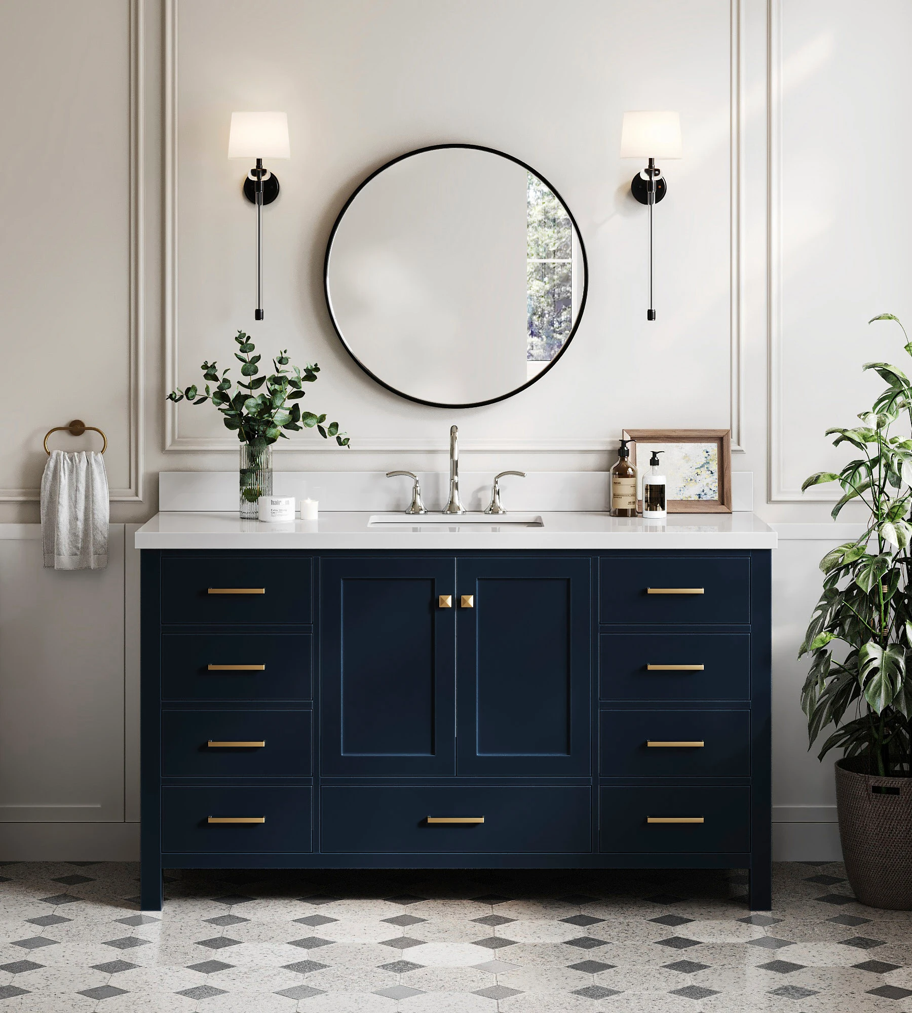 ARIEL Cambridge 61 In. Rectangle Sink Vanity With White Quartz Countertop In Midnight Blue