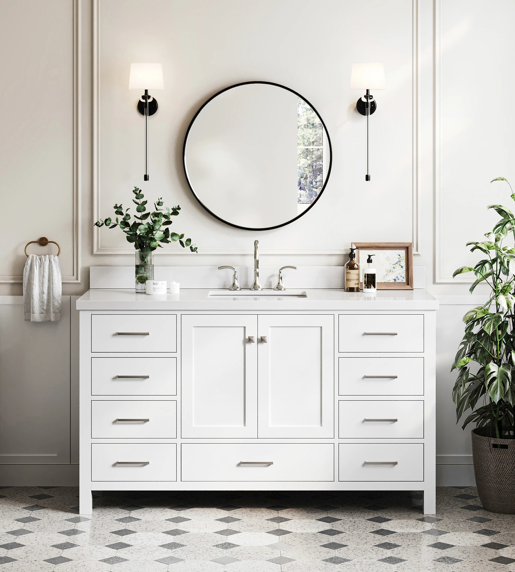 ARIEL Cambridge 61 In. Rectangle Sink Vanity With White Quartz Countertop In White