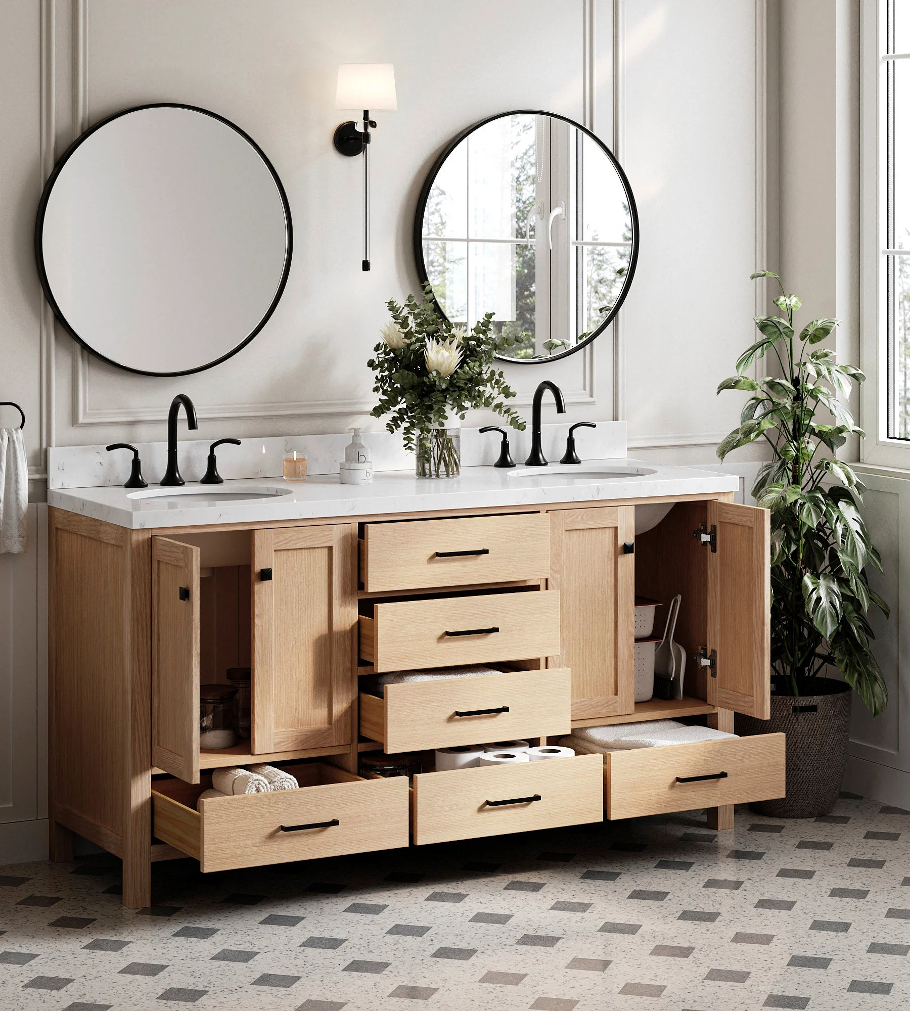 Ariel Cambridge 66 Inch Double Sink Base Cabinet In Oak