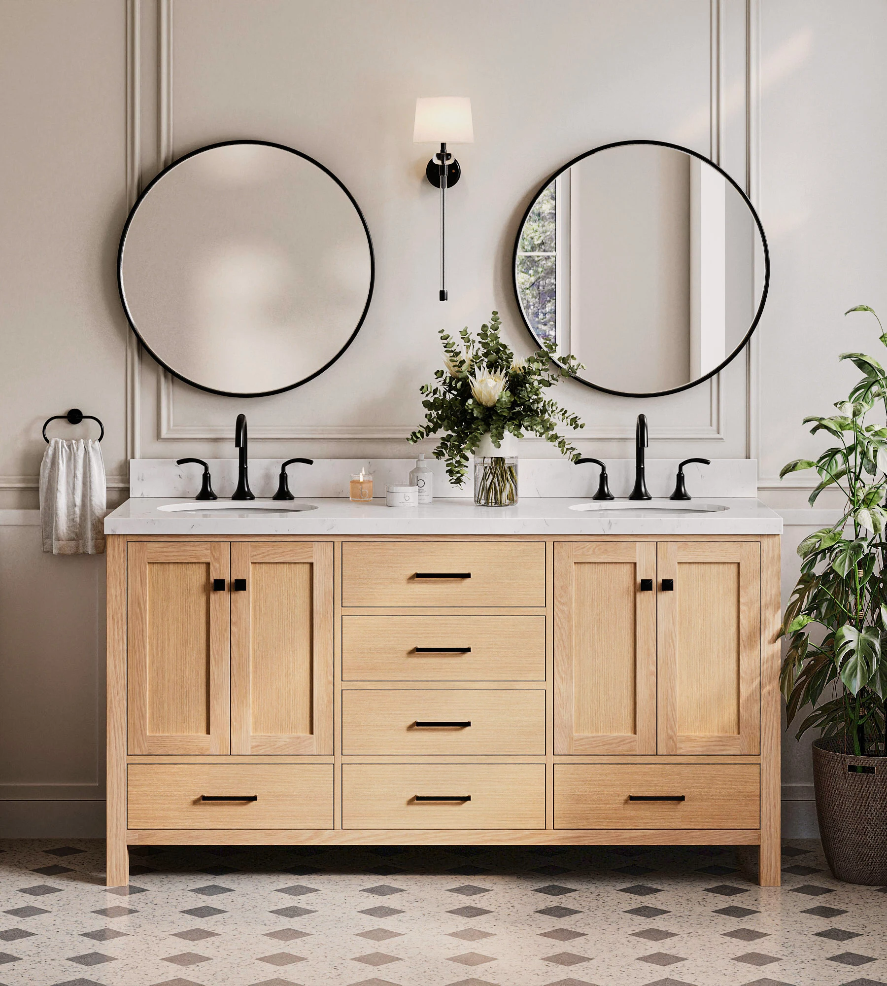 ARIEL Cambridge 66 Inch Double Oval Sink Bathroom Vanity With Carrara White Quartz Countertop 1.5 Inch Edge In Oak