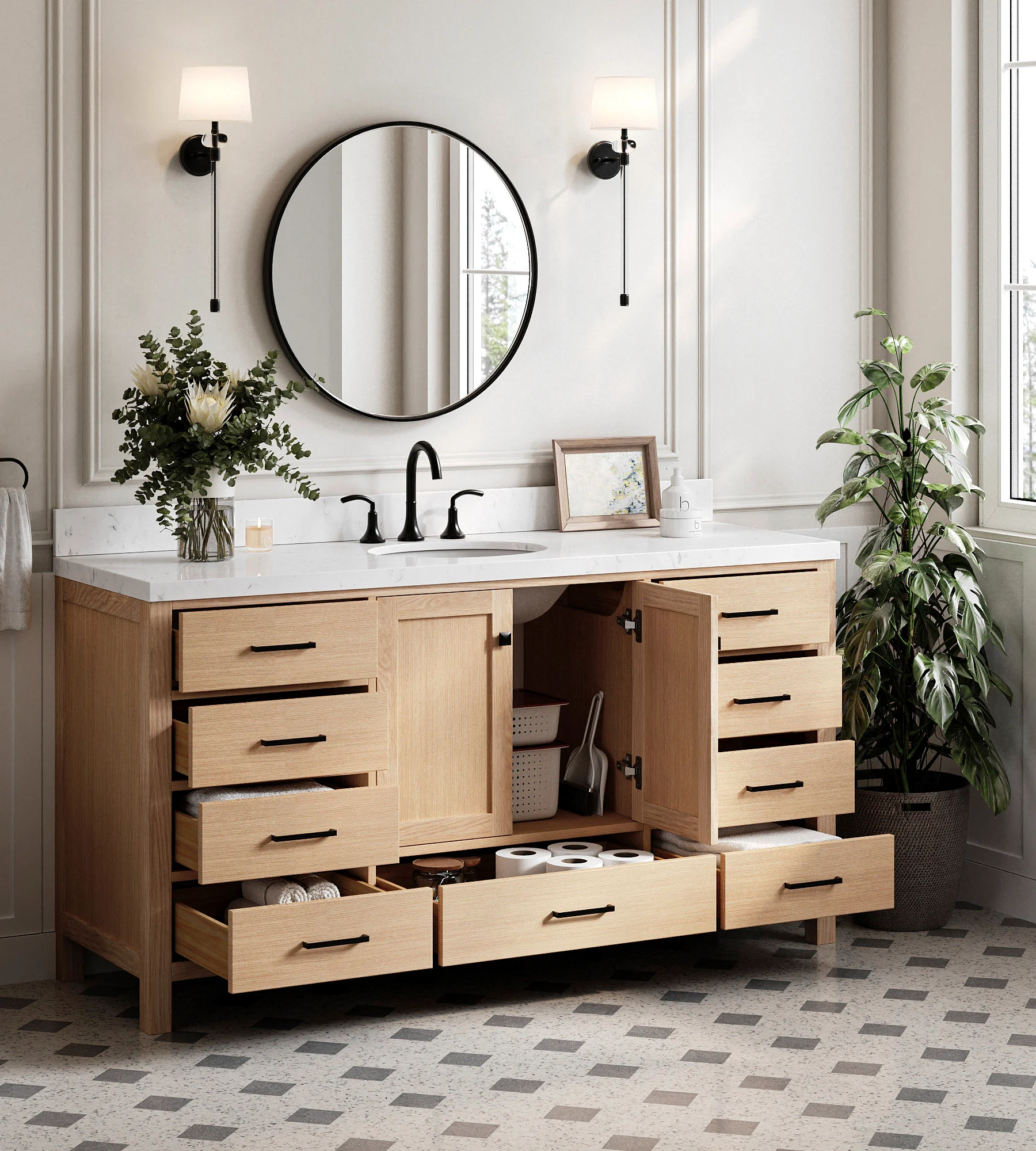 ARIEL Cambridge 66 Inch Single Sink Base Cabinet In Oak