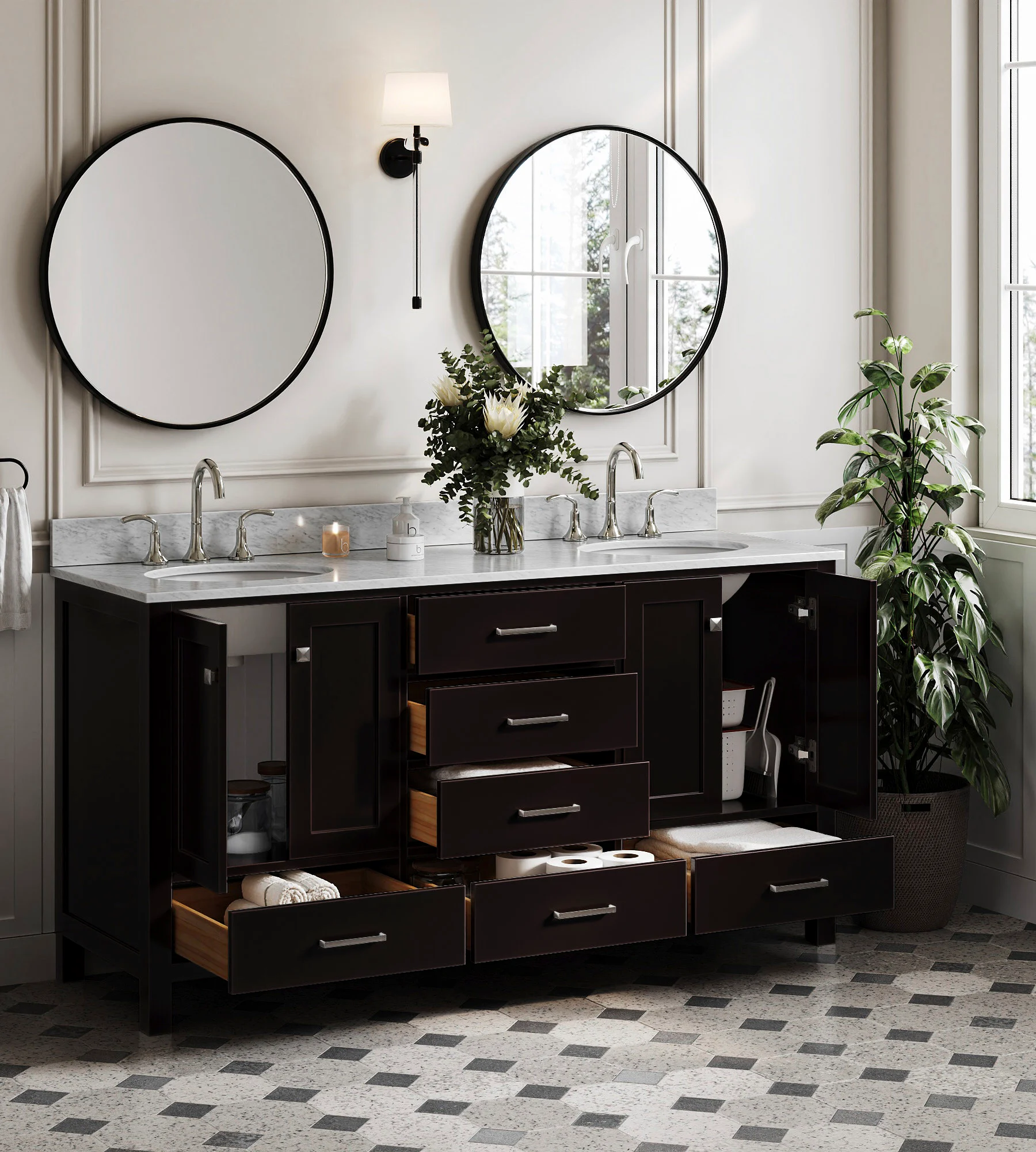ARIEL Cambridge 66 Inch Double Sink Base Cabinet In Espresso