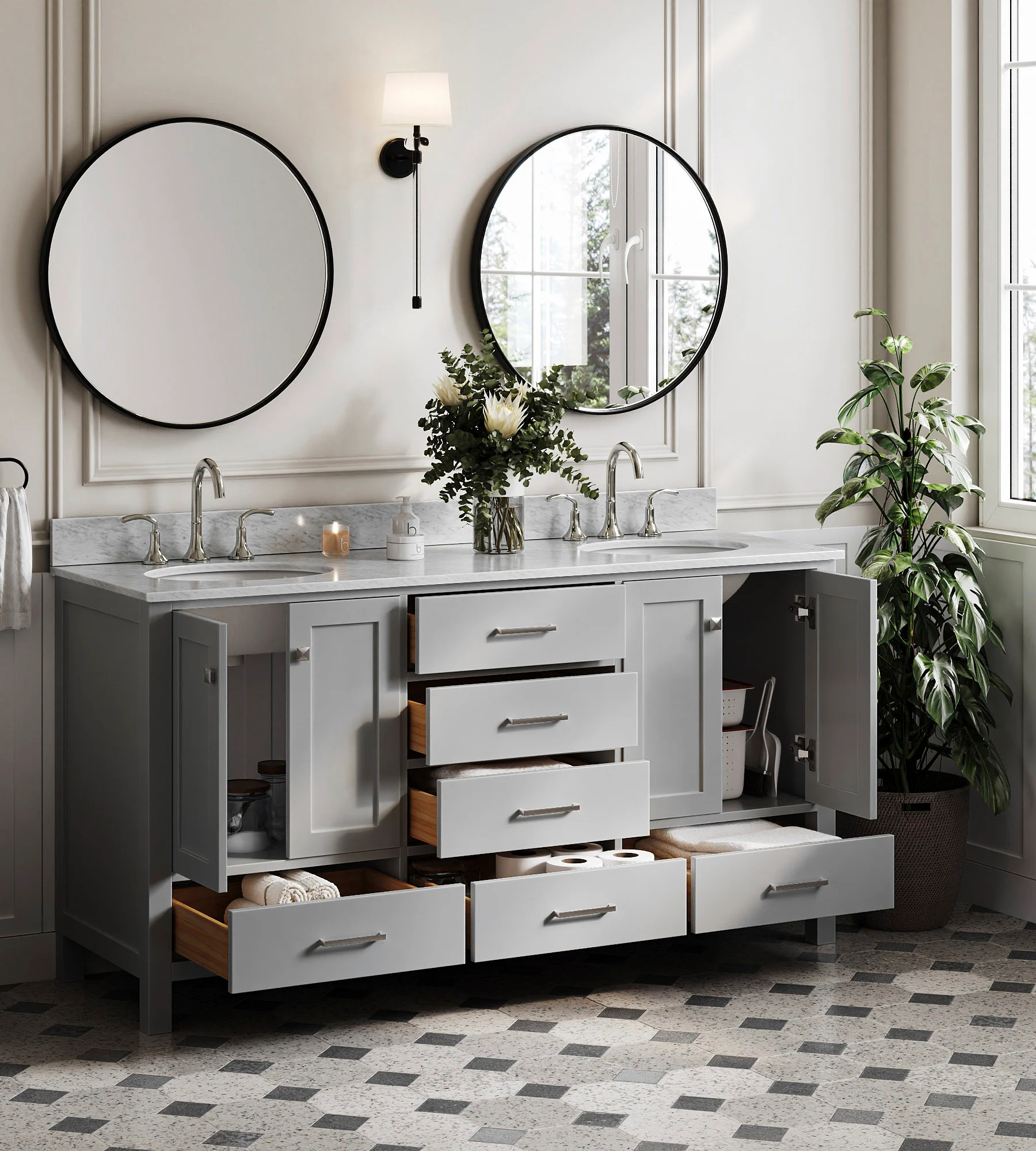 ARIEL Cambridge 66 Inch Double Sink Base Cabinet In Grey