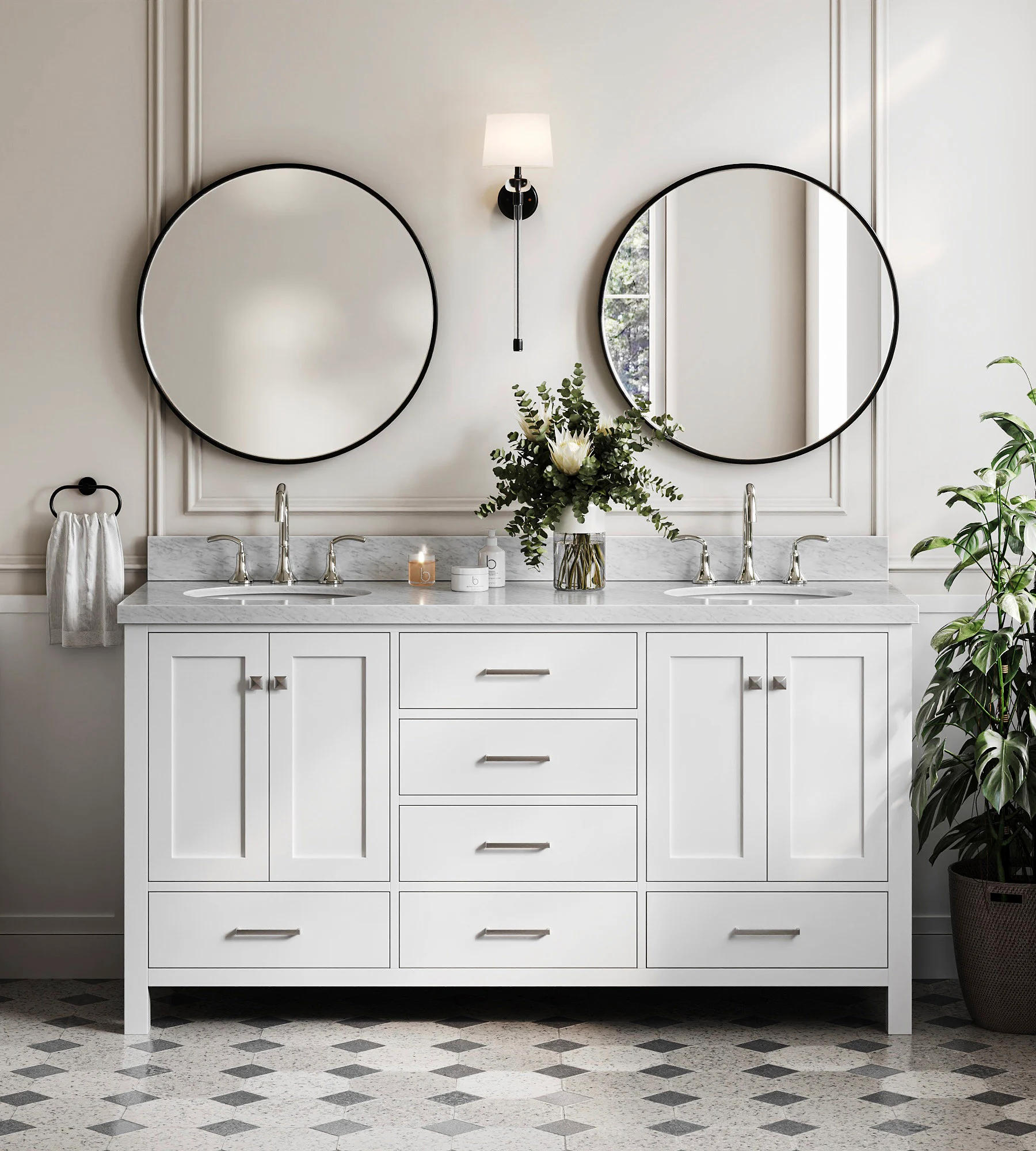 ARIEL Cambridge 67 Inch Double Oval Sink Vanity With Italian Carrara White Marble Countertop With 1.5 Edge In White