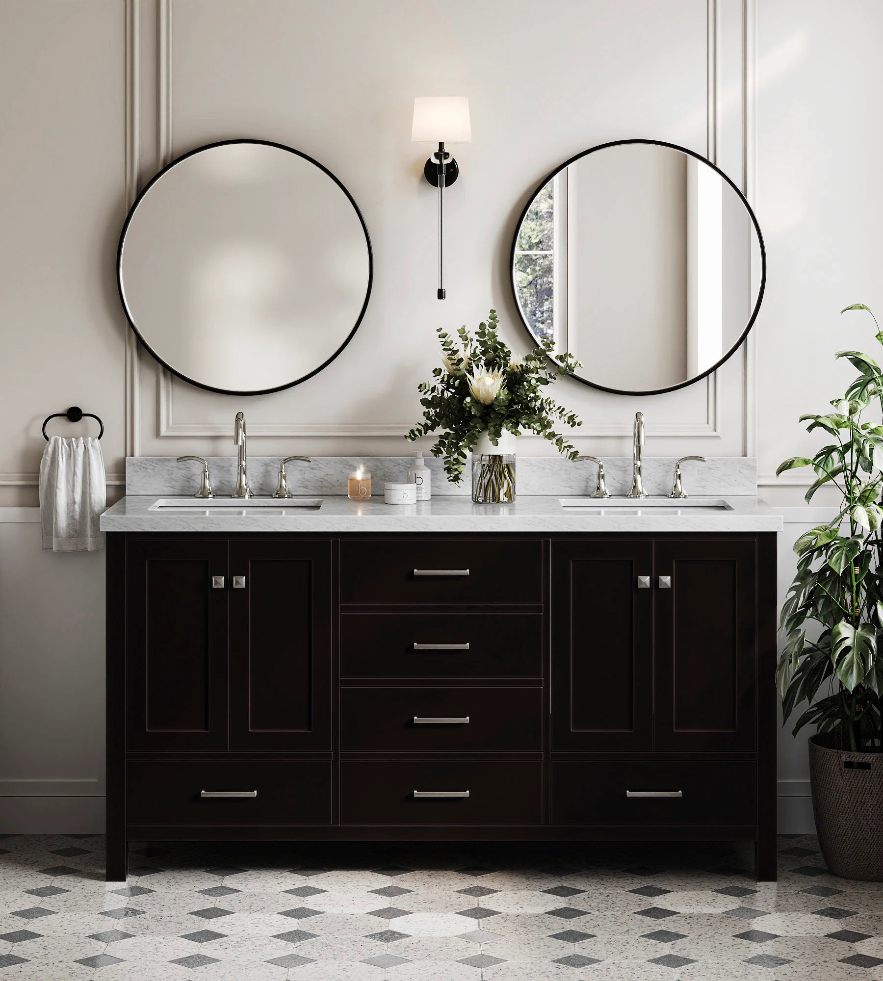 ARIEL Cambridge 67 Inch Double Rectangle Sink Vanity With Italian Carrara White Marble Countertop With 1.5 Edge In Espresso