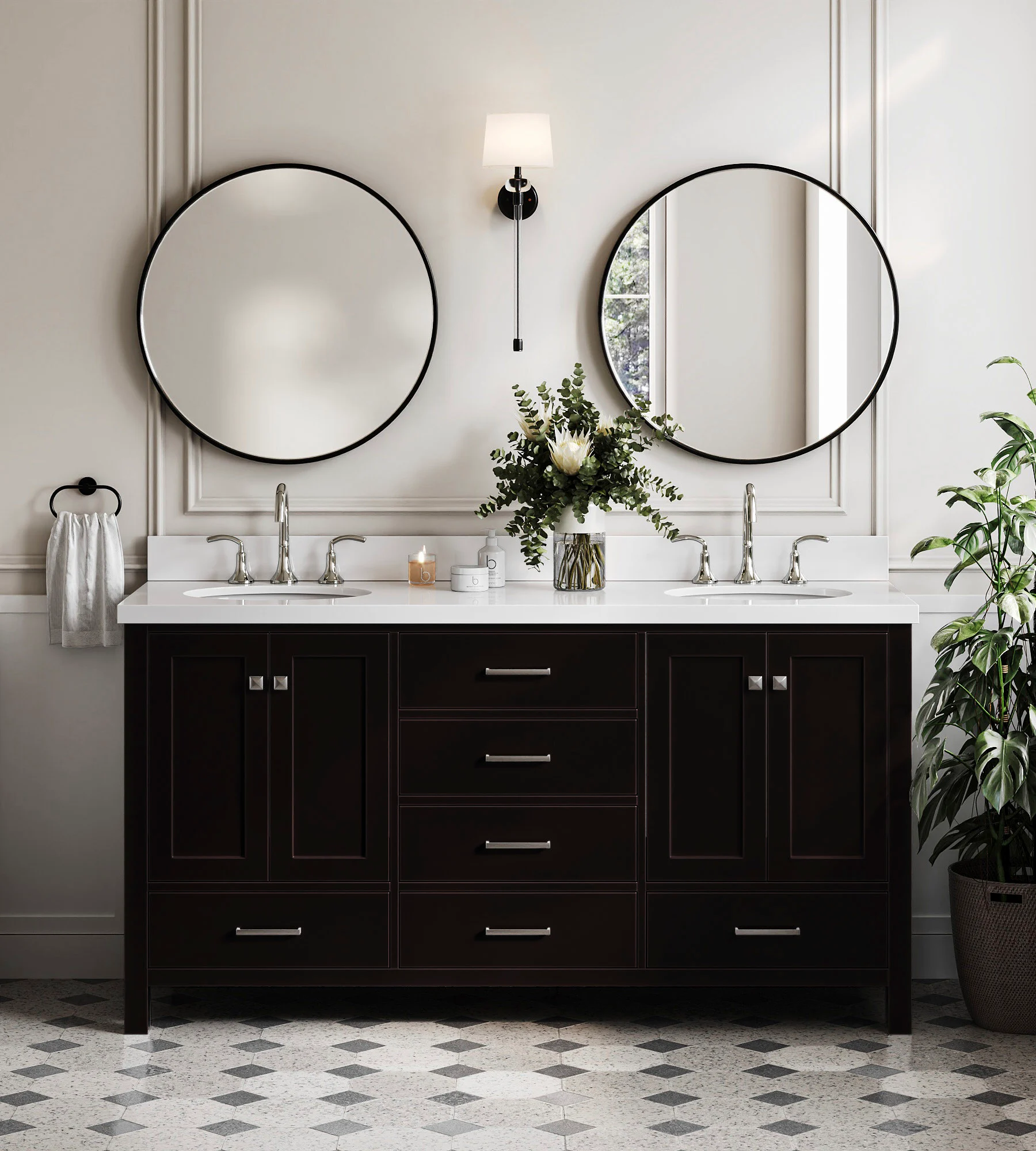ARIEL Cambridge 67 Inch Double Oval Sink Vanity With White Quartz Countertop With 1.5 Edge In Espresso