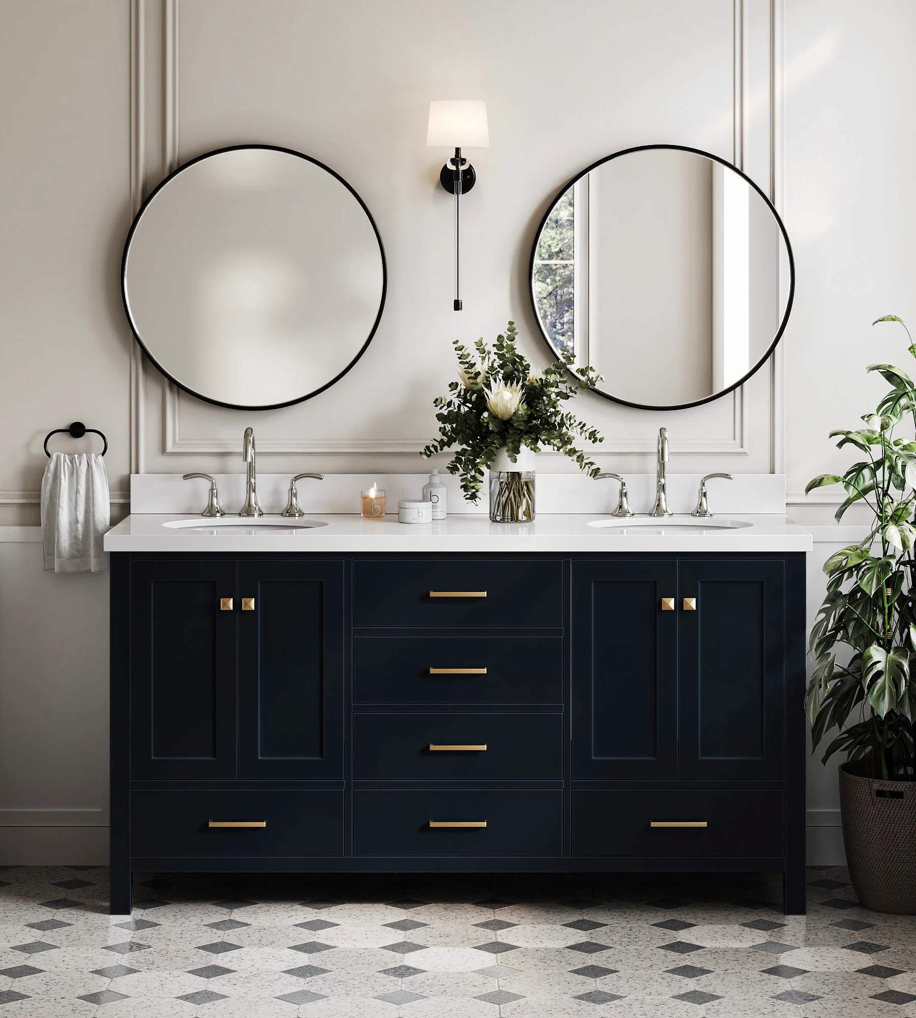ARIEL Cambridge 67 Inch Double Oval Sink Vanity With White Quartz Countertop With 1.5 Edge In Midnight Blue