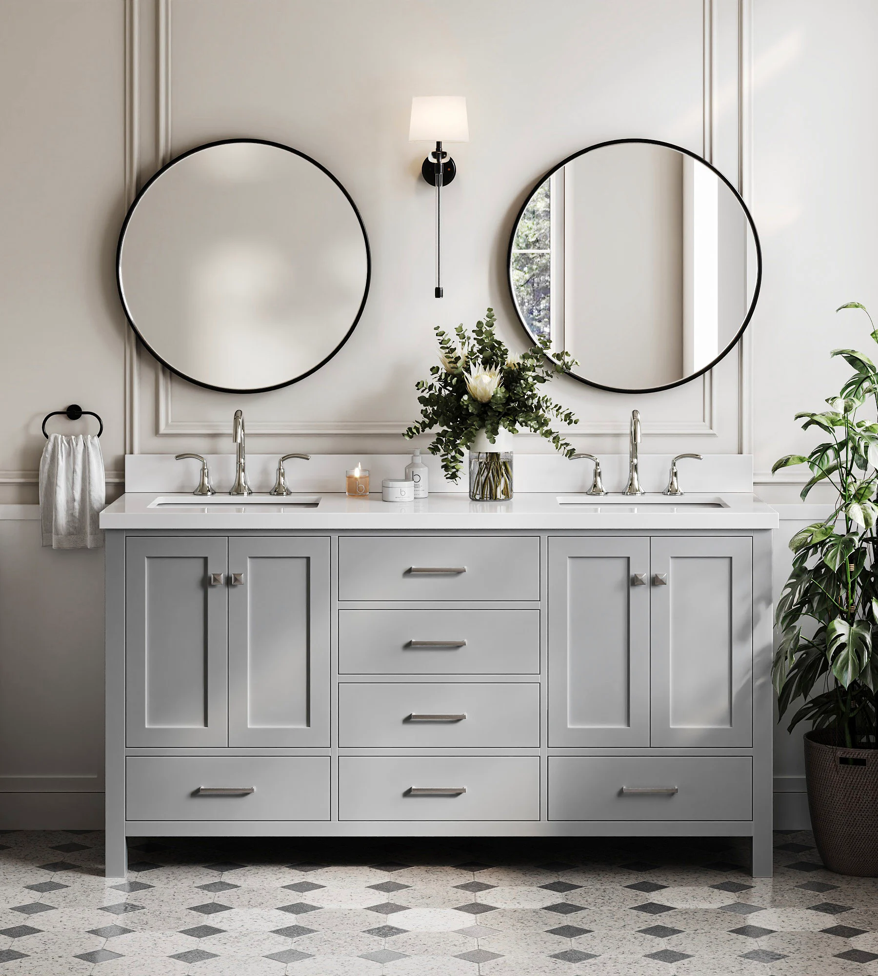 ARIEL Cambridge 67 Inch Double Rectangle Sink Vanity With White Quartz Countertop With 1.5 Edge In Grey