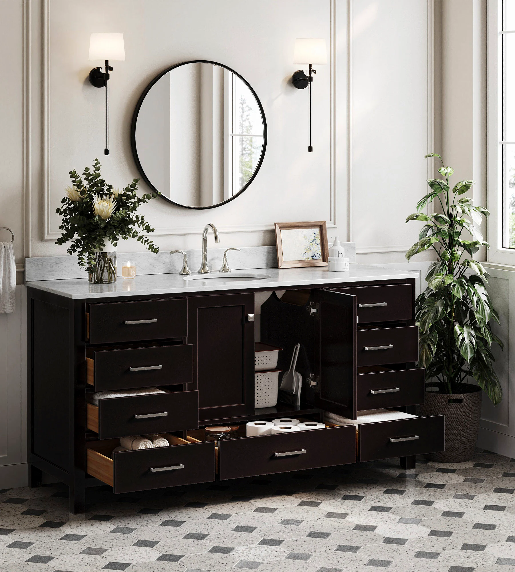 ARIEL Cambridge 66 Inch Single Sink Base Cabinet In Espresso
