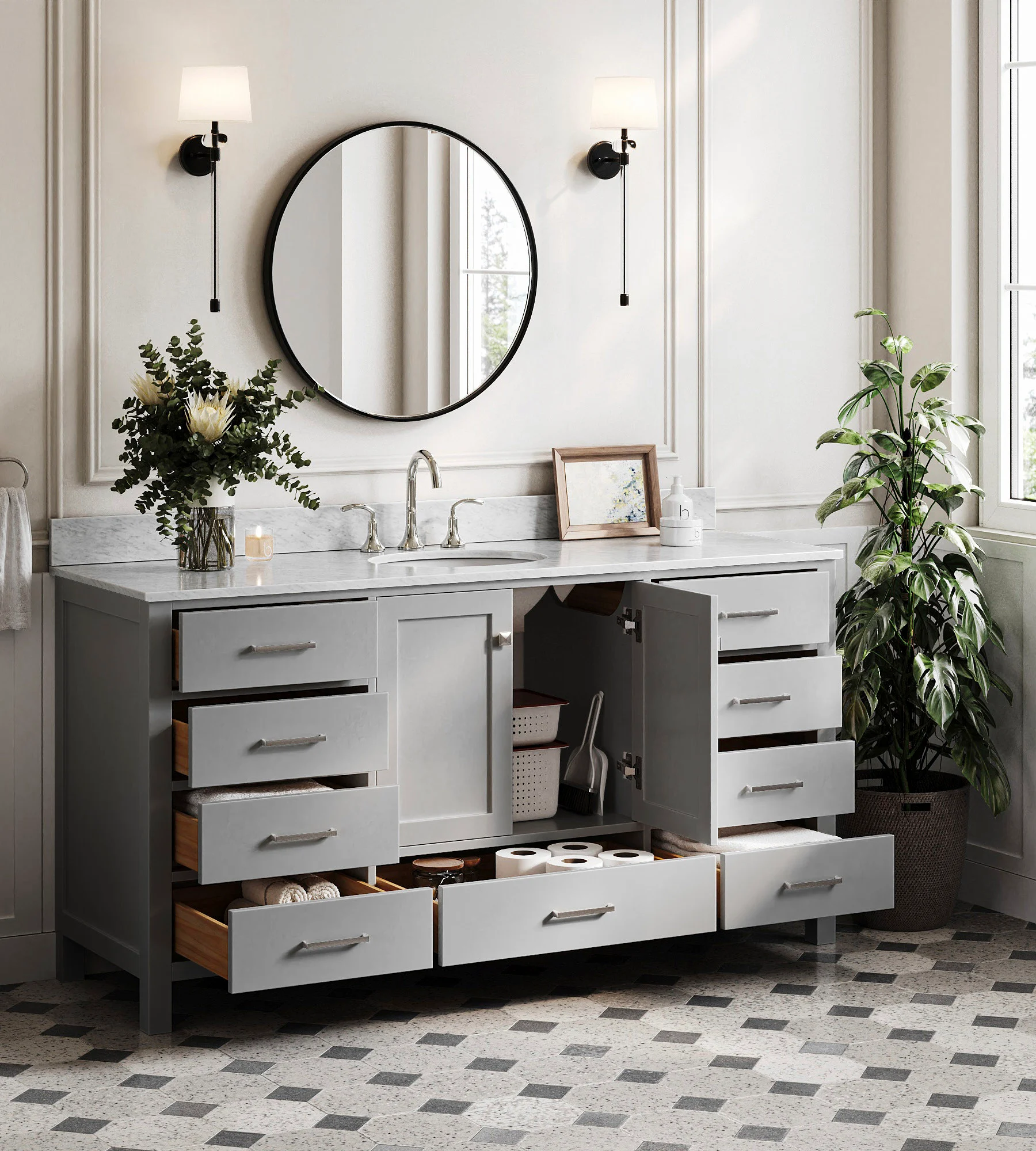 ARIEL Cambridge 66 Inch Single Sink Base Cabinet In Grey