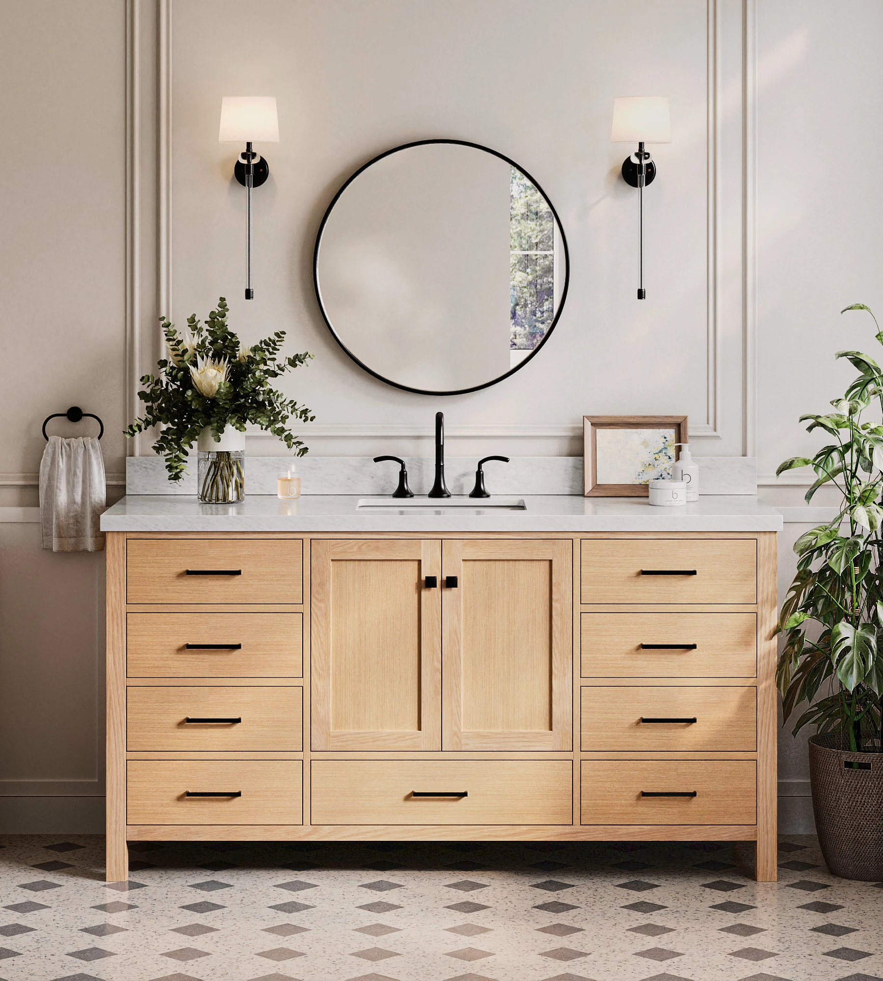 Ariel Cambridge 67 Inch Single Rectangular Sink Bathroom Vanity With Italian Carrara White Marble Countertop 1.5 Inch Edge In Oak