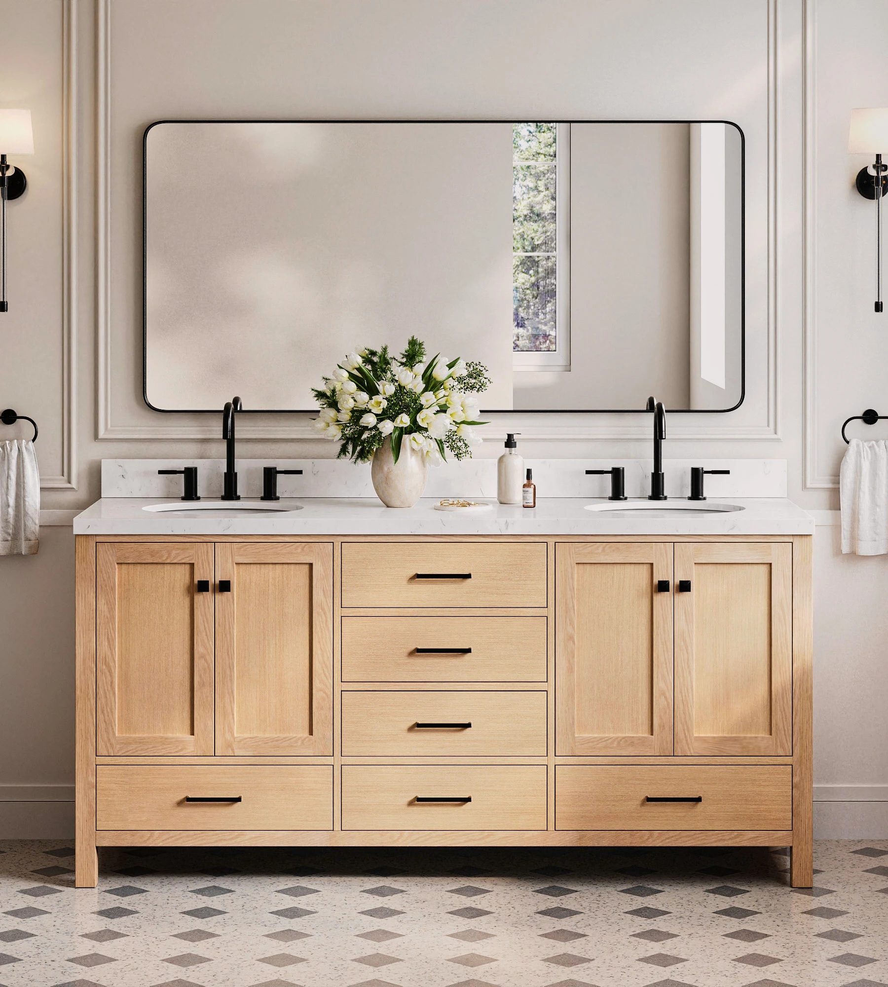 ARIEL Cambridge 72 Inch Double Oval Sink Bathroom Vanity With Carrara White Quartz Countertop 1.5 Inch Edge In Oak