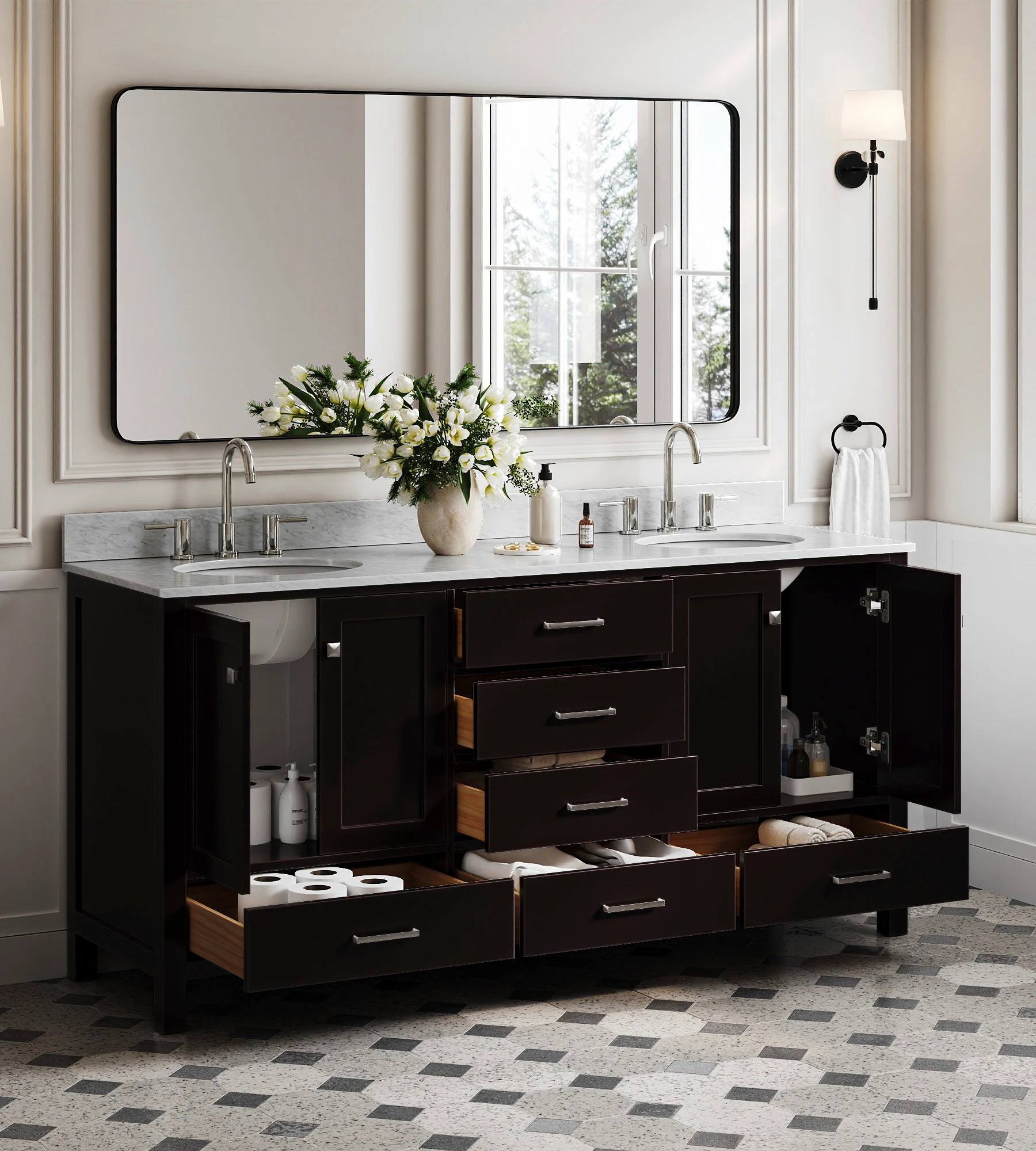 ARIEL Cambridge 72 In. Double Sink Base Cabinet In Espresso
