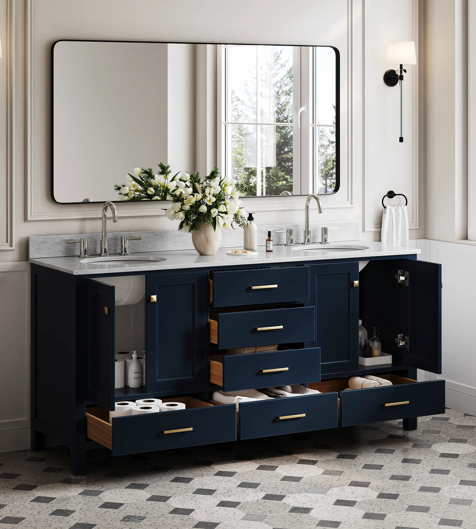 ARIEL Cambridge 72 In. Double Sink Base Cabinet In Midnight Blue
