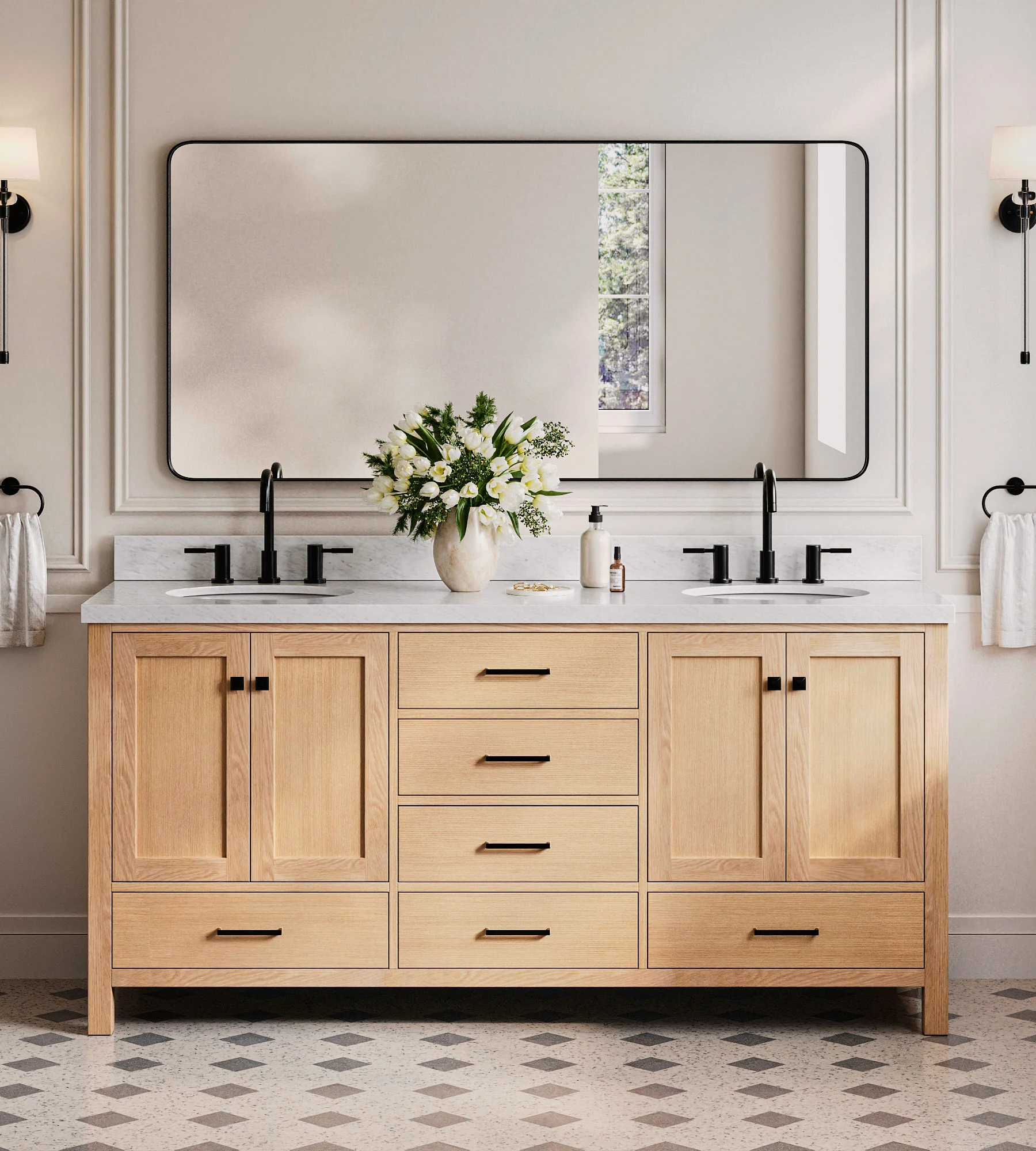 ARIEL Cambridge 73 Inch Double Oval Sink Bathroom Vanity With Italian Carrara Marble Countertop 1.5 Inch Edge In Oak