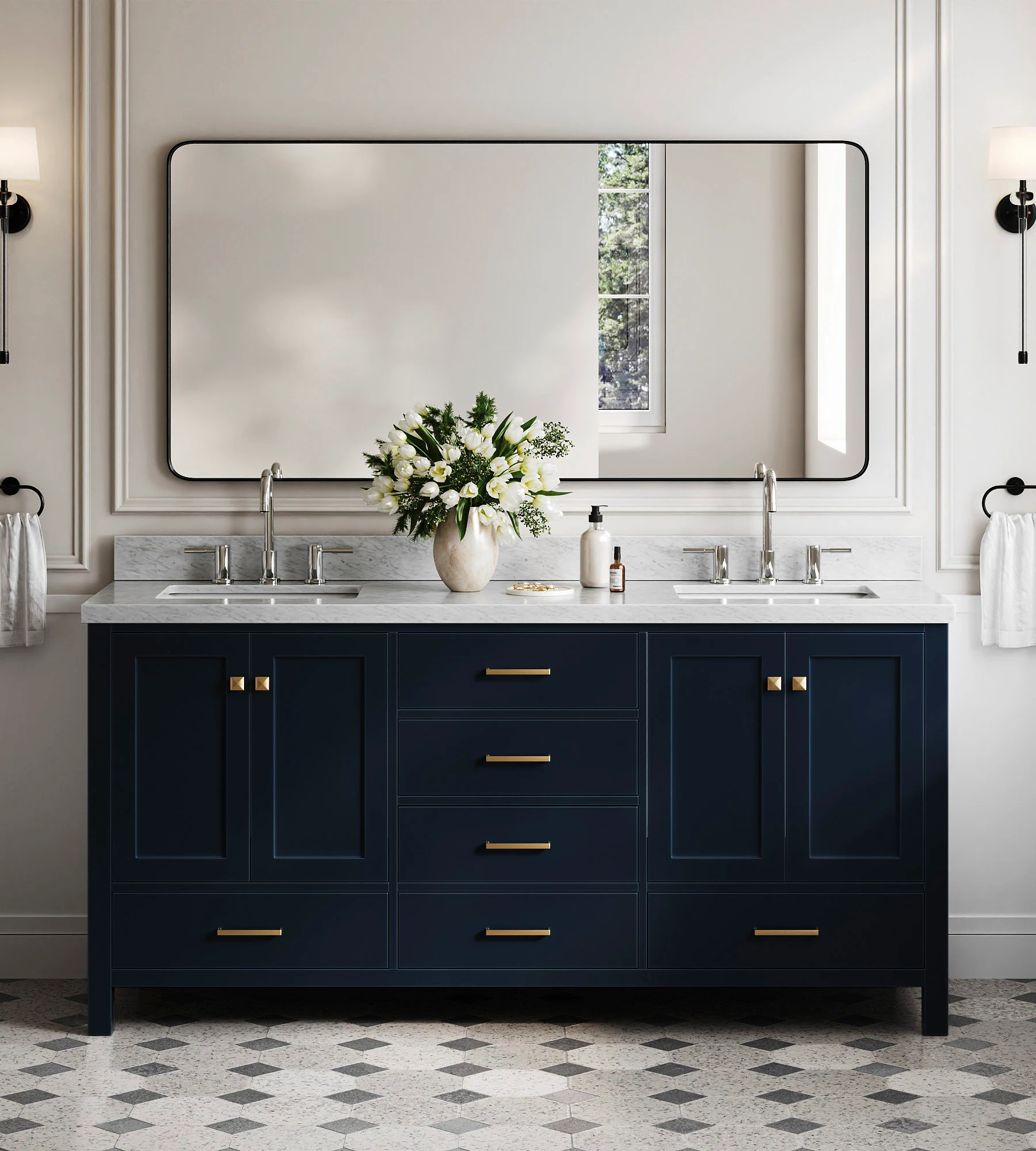 ARIEL Cambridge 73 In. Double Rectangle Sink Bathroom Vanity With Italian Carrara White Marble 1.5 In Edge In Midnight Blue