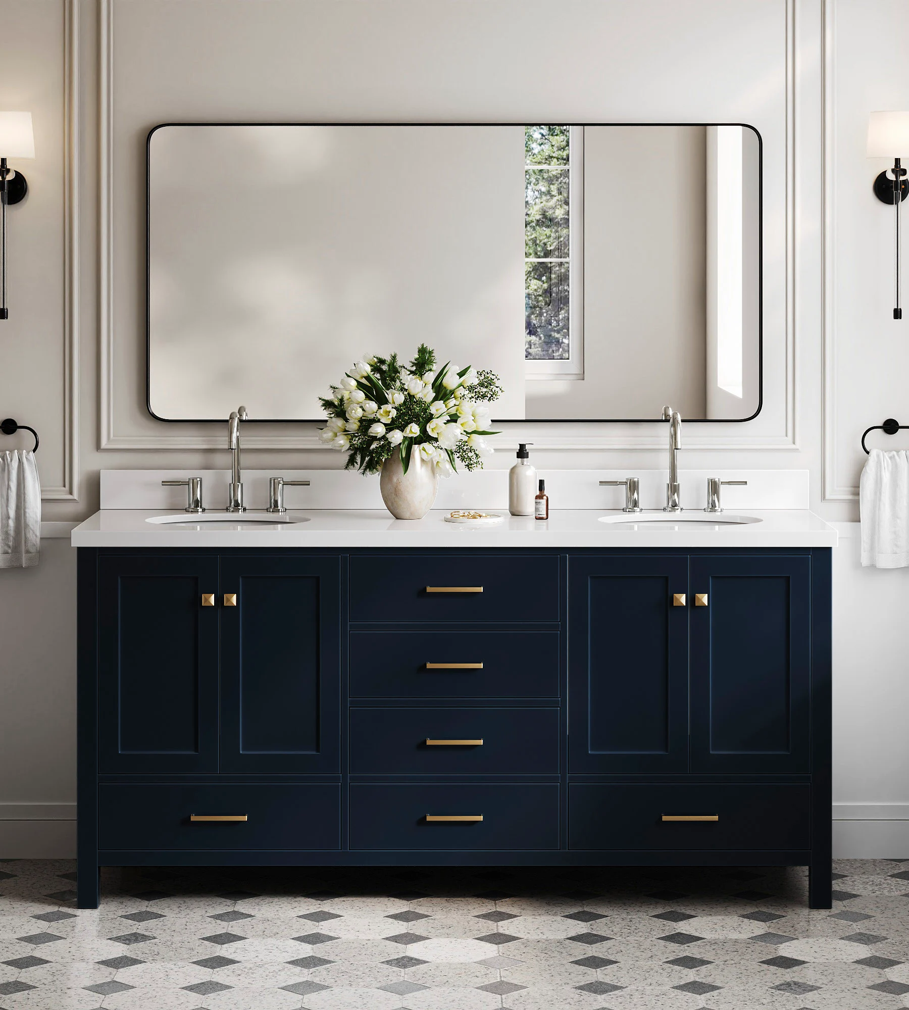 ARIEL Cambridge 73 In. Double Oval Sink Vanity With White Quartz Countertop In Midnight Blue