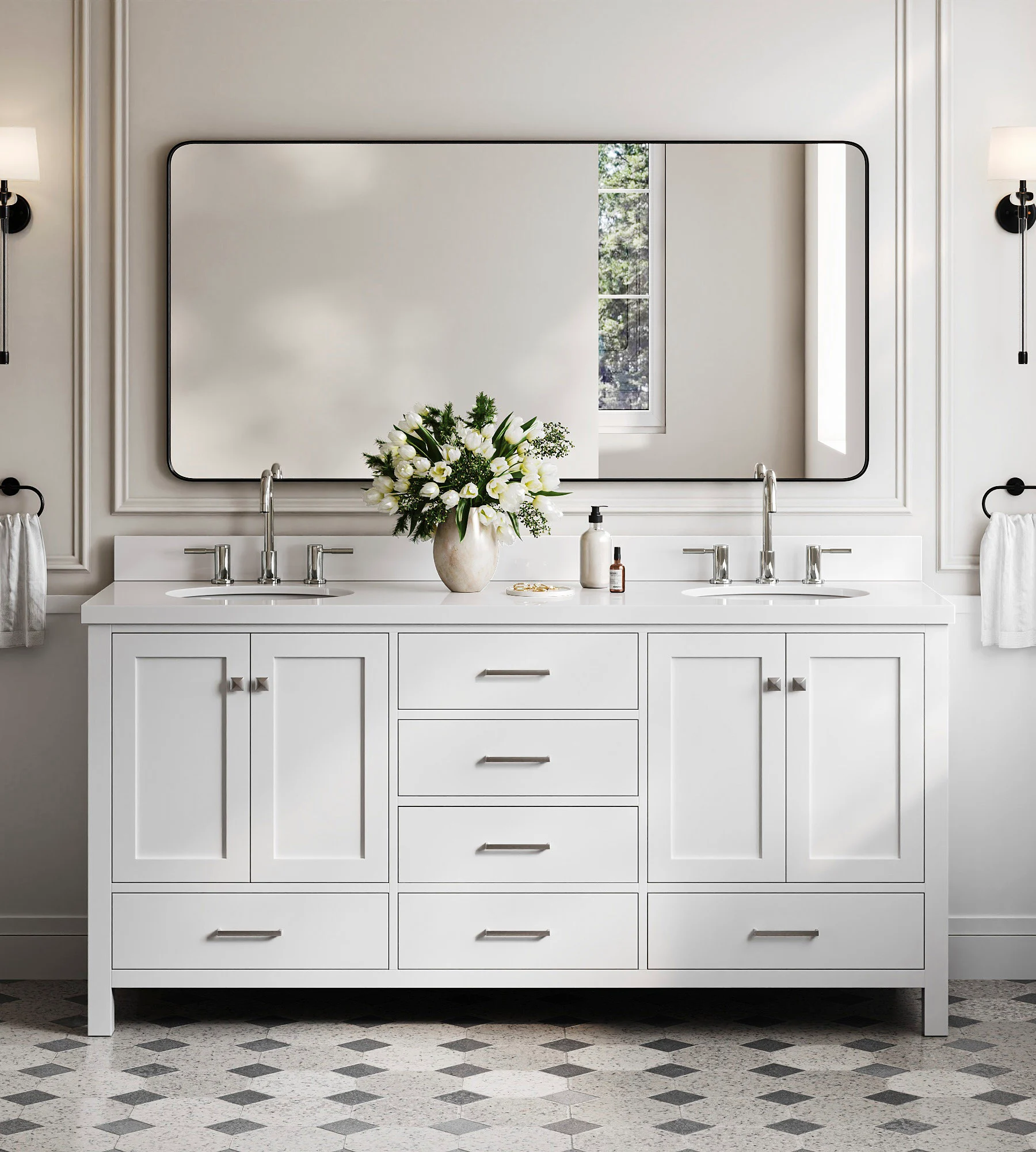 ARIEL Cambridge 73 In. Double Oval Sink Vanity With White Quartz Countertop In White