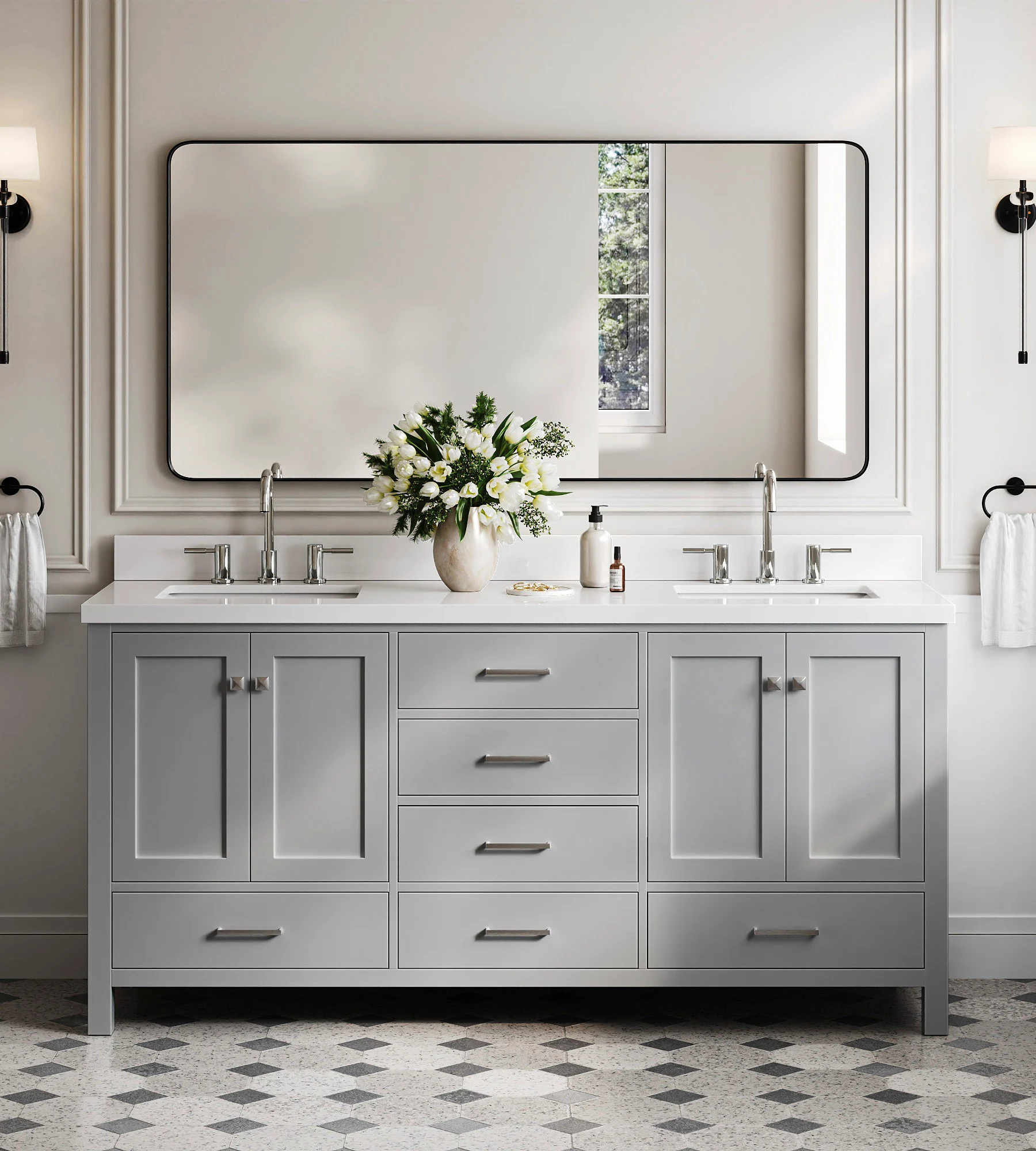 ARIEL Cambridge 73 In. Double Rectangle Sink Vanity With White Quartz Countertop In Grey