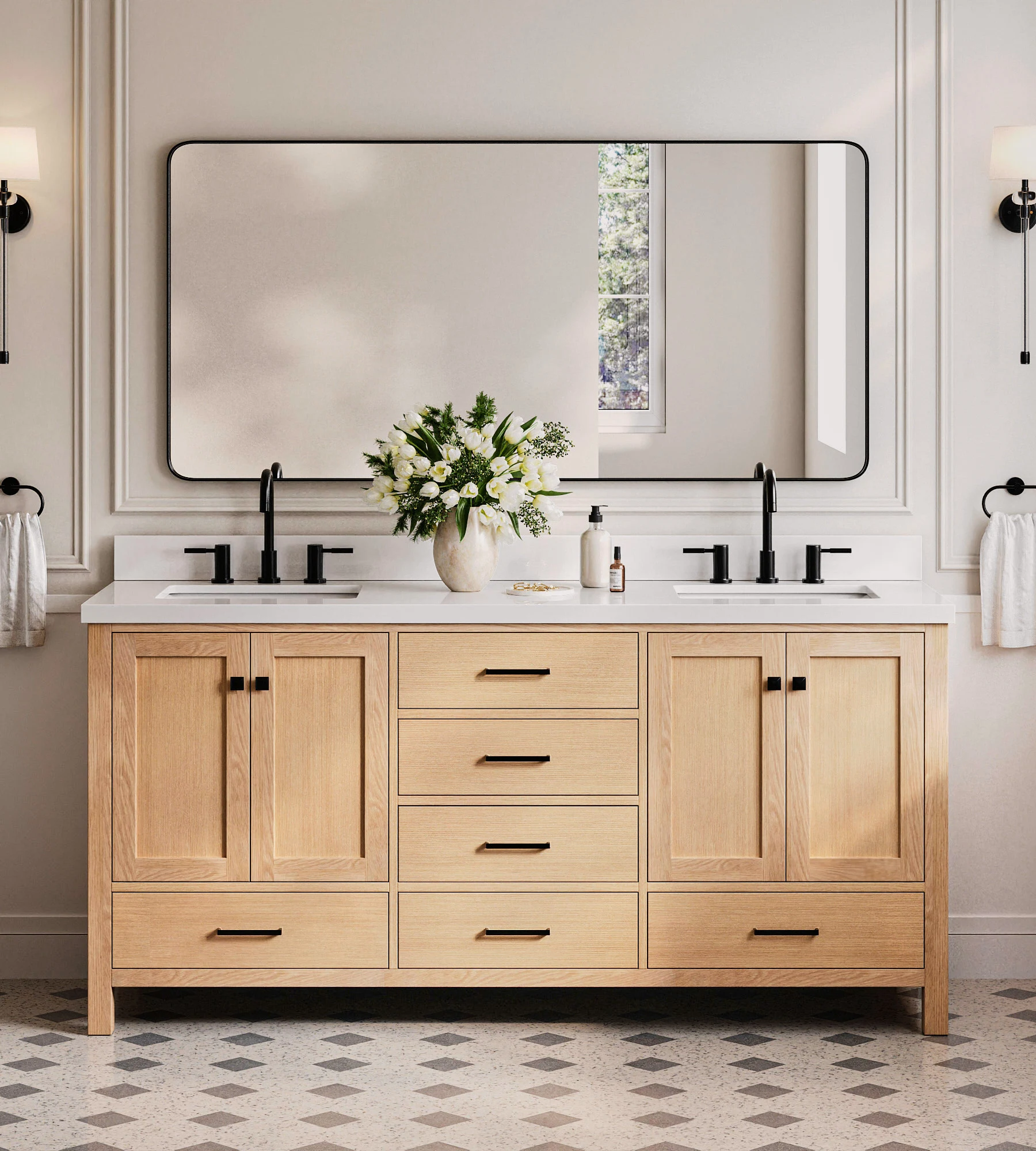 ARIEL Cambridge 73 Inch Double Rectangle Sink Bathroom Vanity With Pure White Quartz Countertop 1.5 Inch Edge In Oak