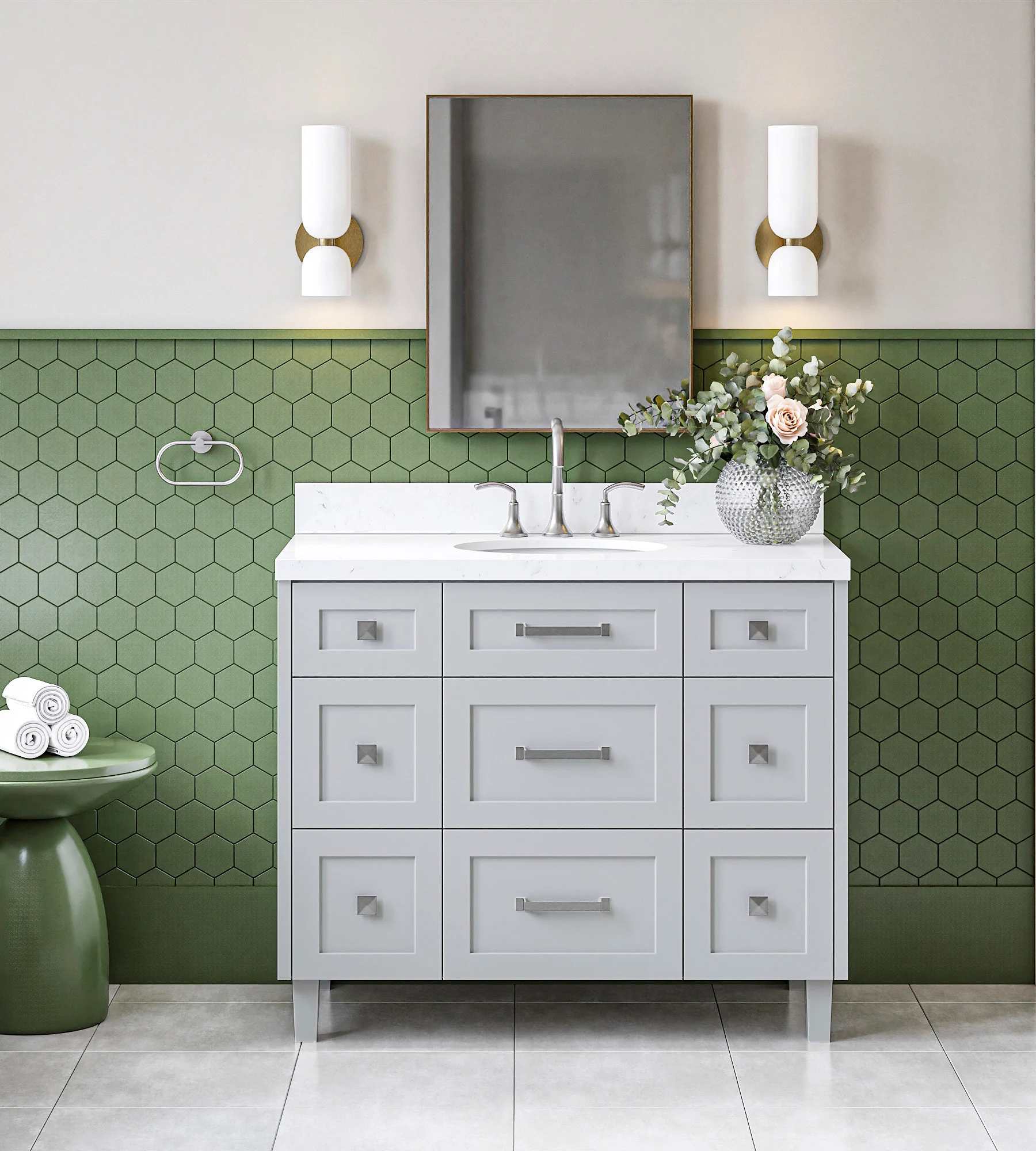 ARIEL Monroe 42 Inch Single Oval Sink Bathroom Vanity With Carrara White Quartz Countertop 1.5 Inch Edge In Grey
