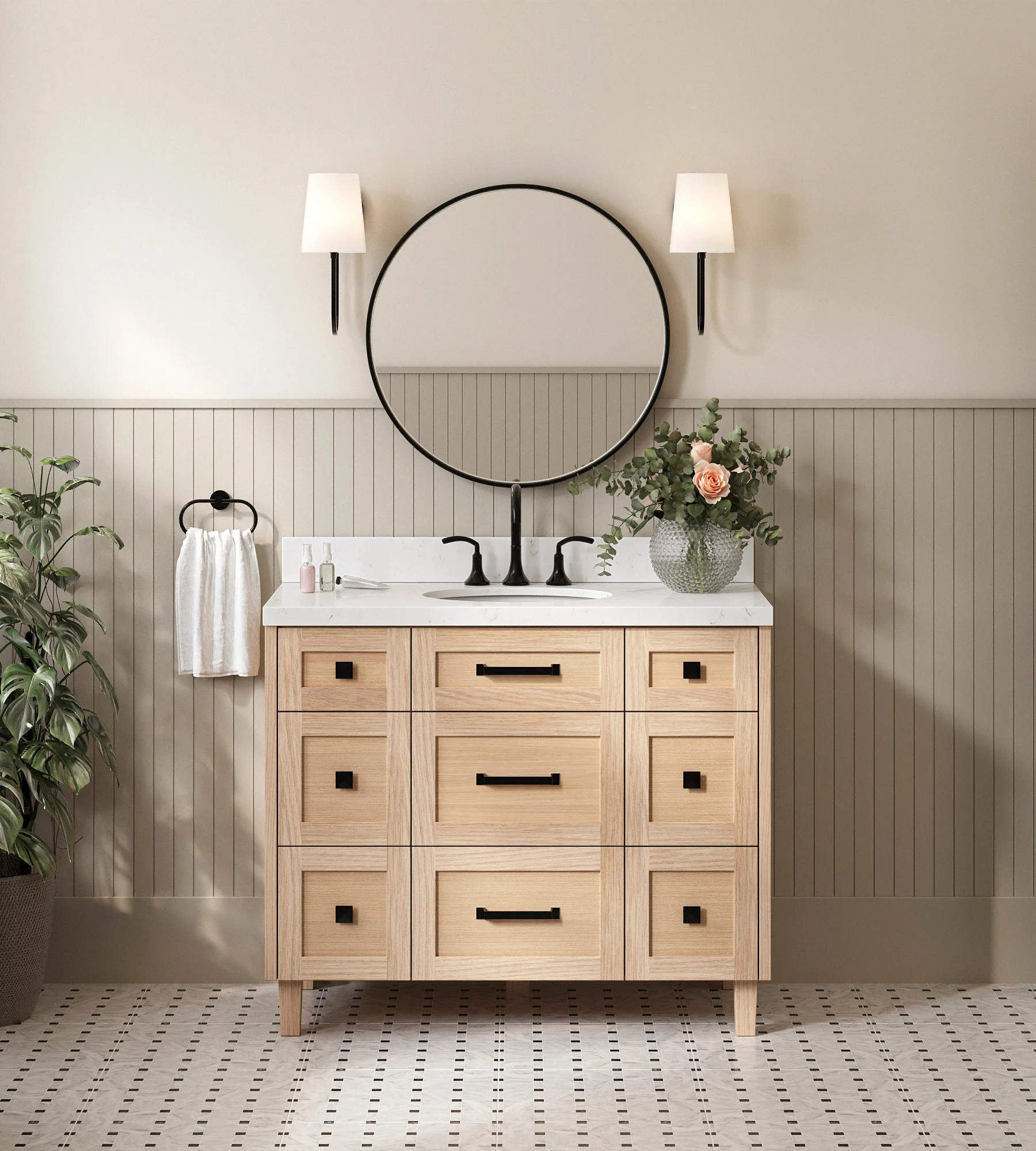 ARIEL Monroe 42 Inch Single Oval Sink Bathroom Vanity With Carrara White Quartz Countertop 1.5 Inch Edge In Oak