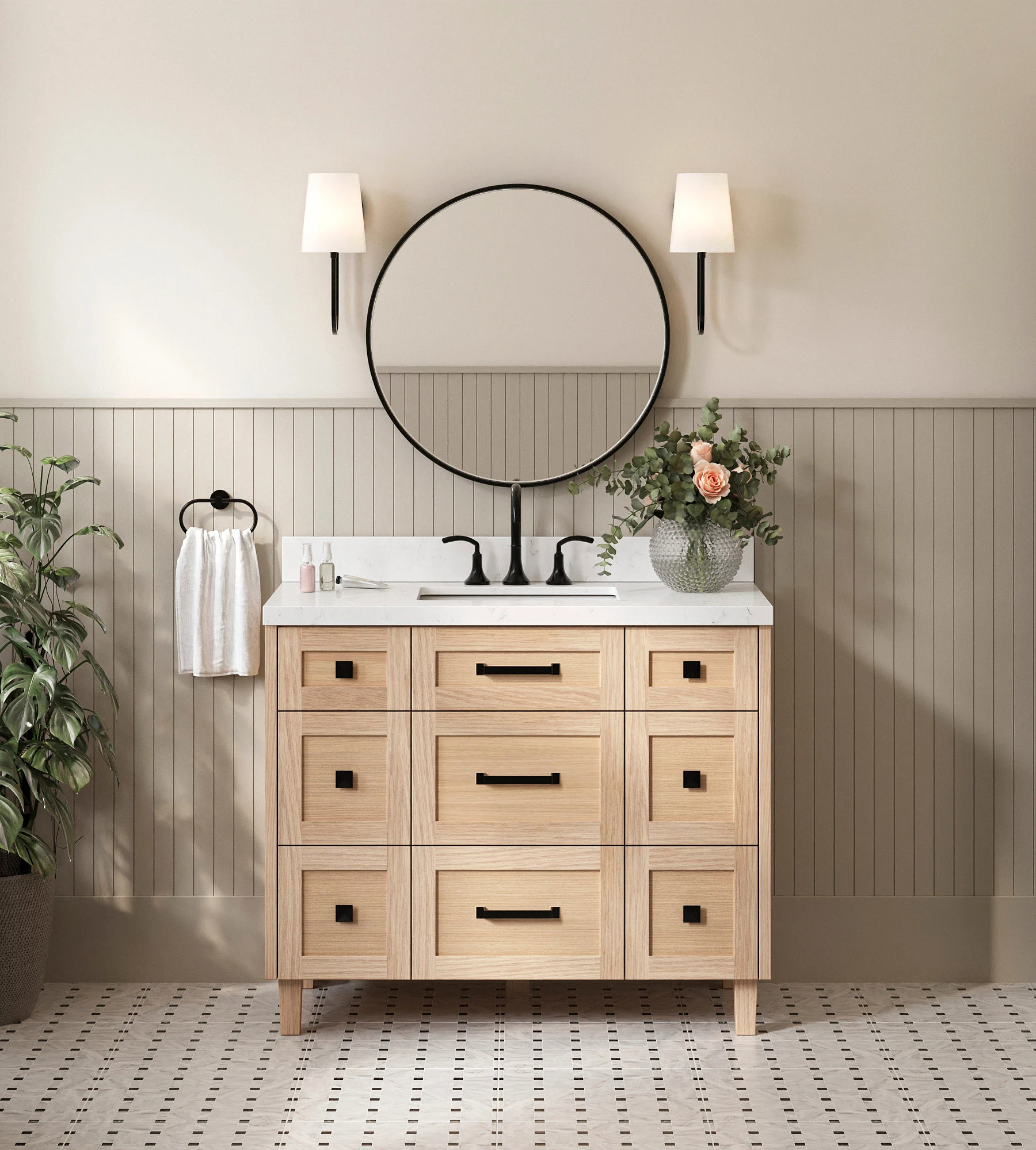 ARIEL Monroe 42 Inch Single Rectangle Sink Bathroom Vanity With Carrara White Quartz Countertop 1.5 Inch Edge In Oak