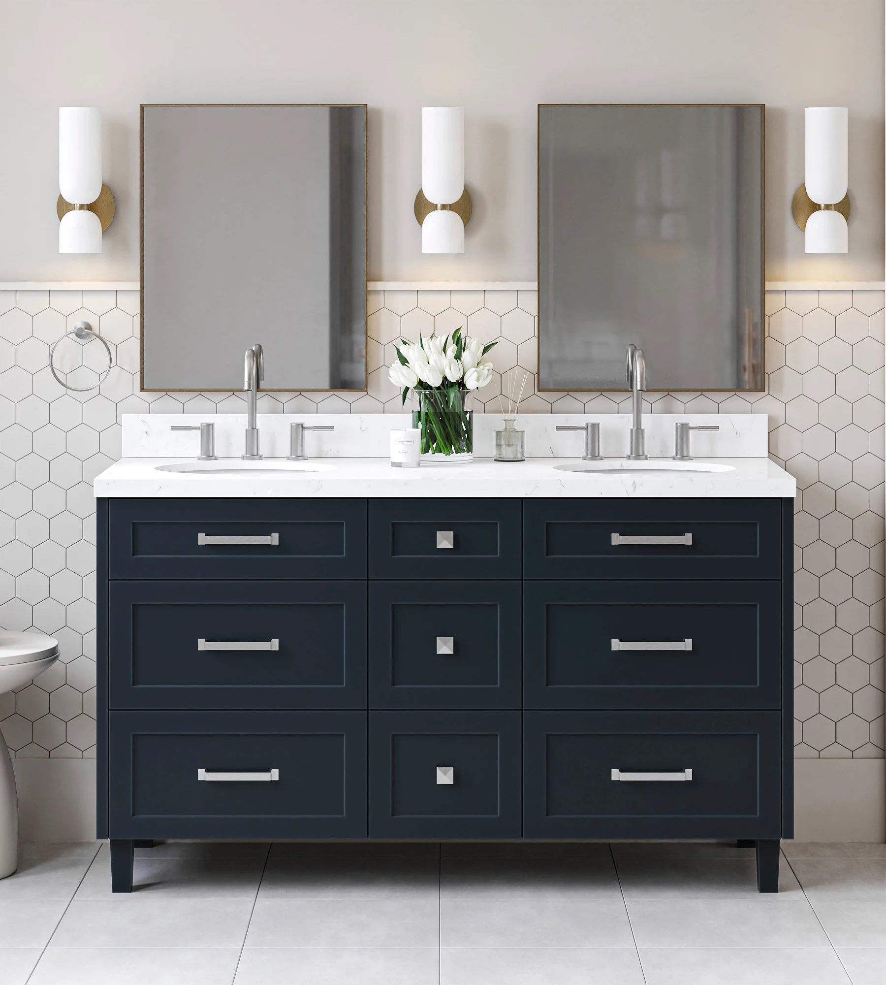 ARIEL Monroe 60 Inch Double Sink Base Cabinet In Midnight Blue