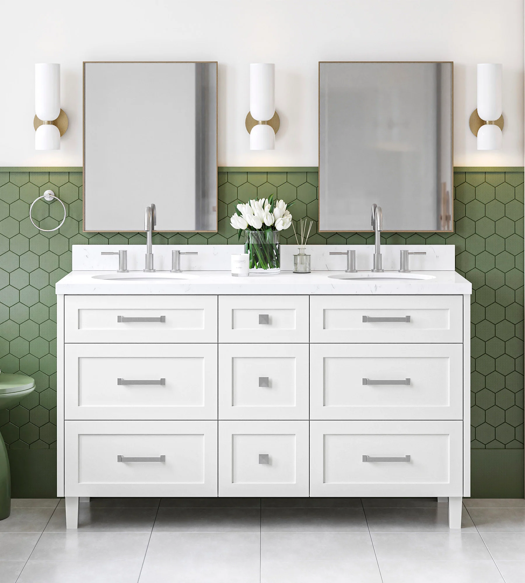 ARIEL Monroe 60 Inch Double Sink Base Cabinet In White