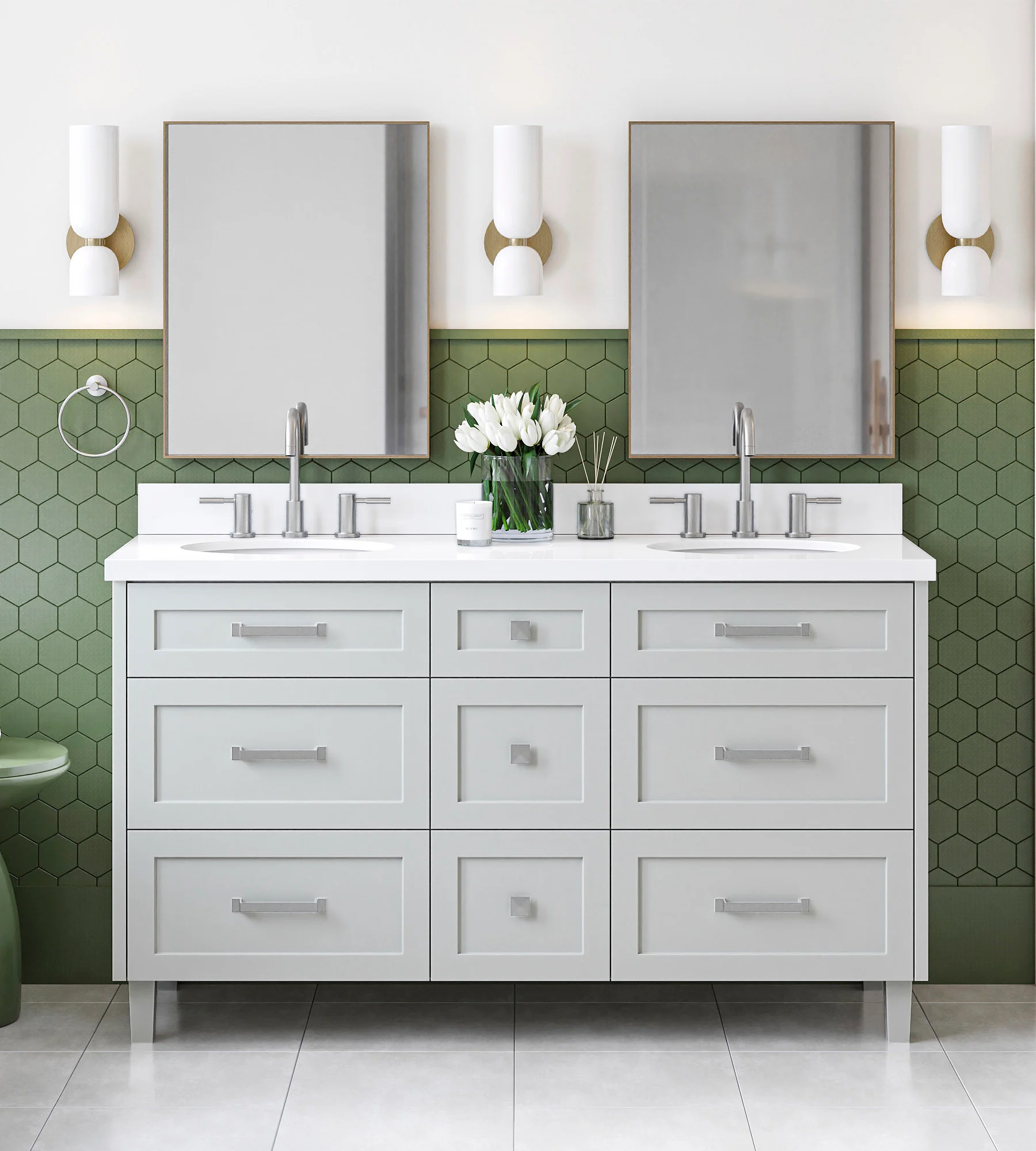 ARIEL Monroe 61 Inch Double Oval Sink Bathroom Vanity With Pure White Quartz Countertop 1.5 Inch Edge In Grey